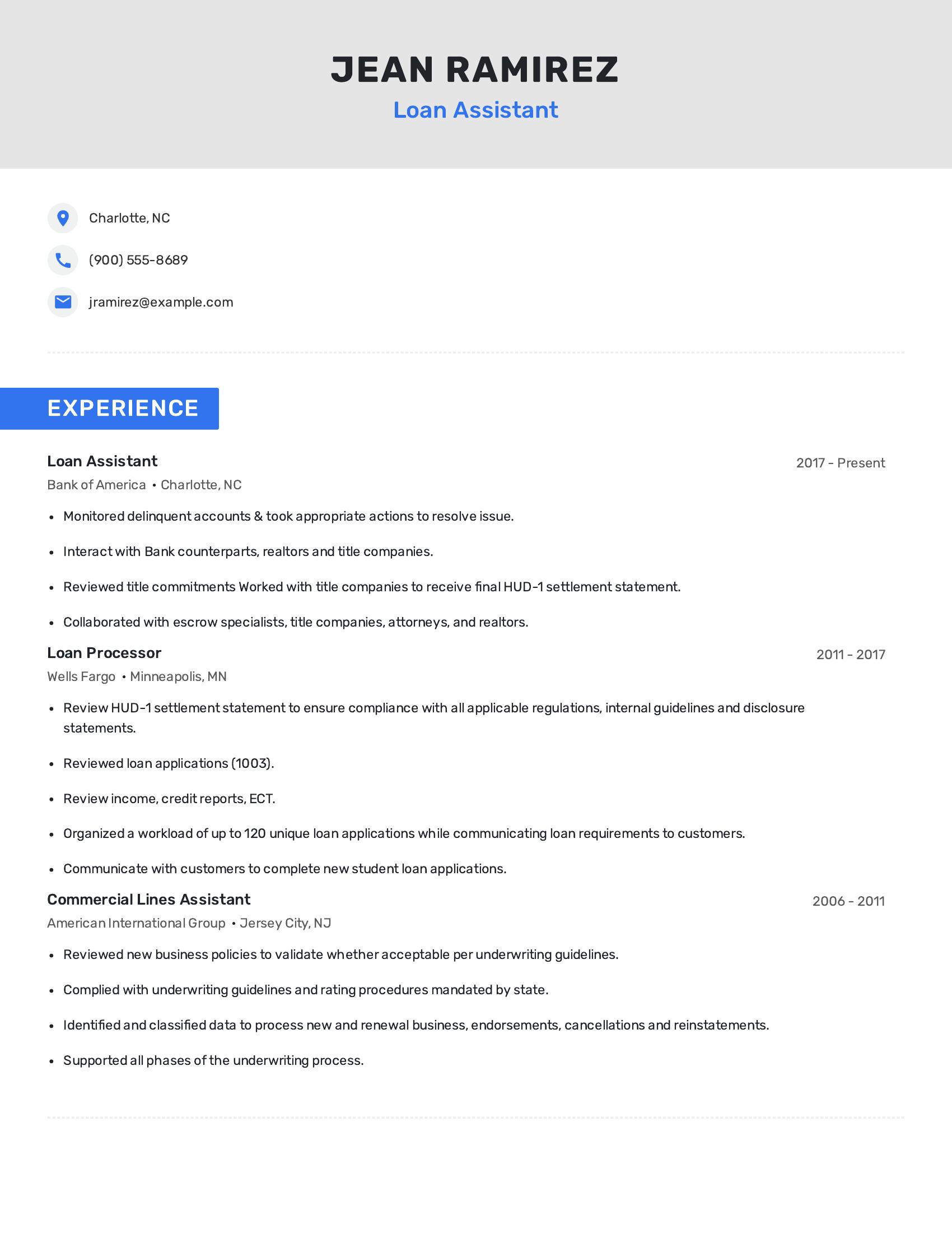 Loan Assistant resume example