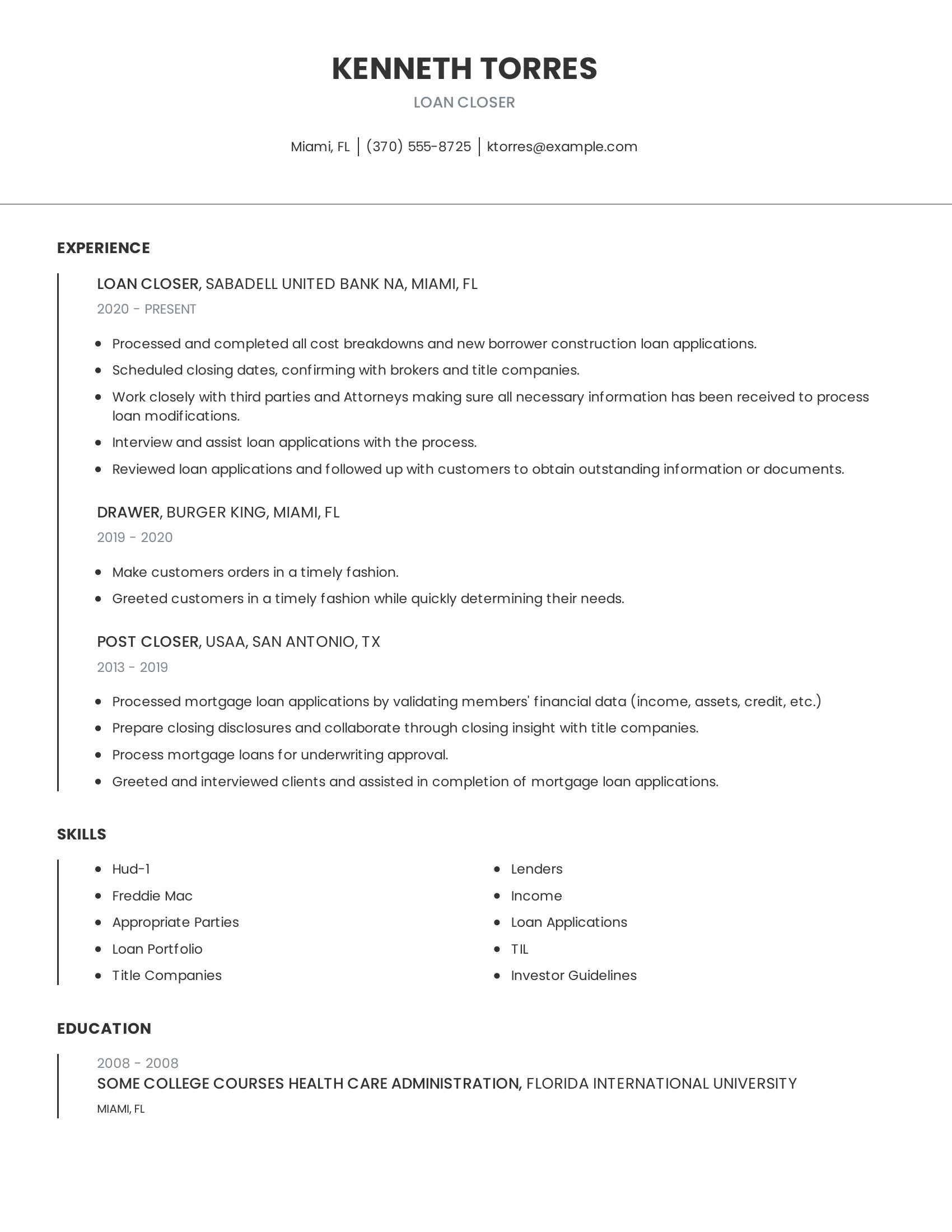 Loan Closer resume example