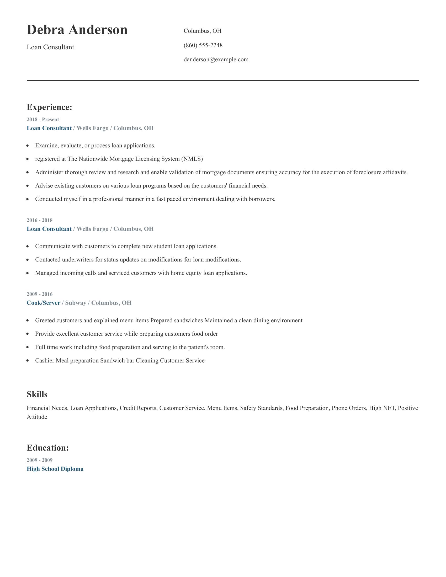 Loan Consultant resume example