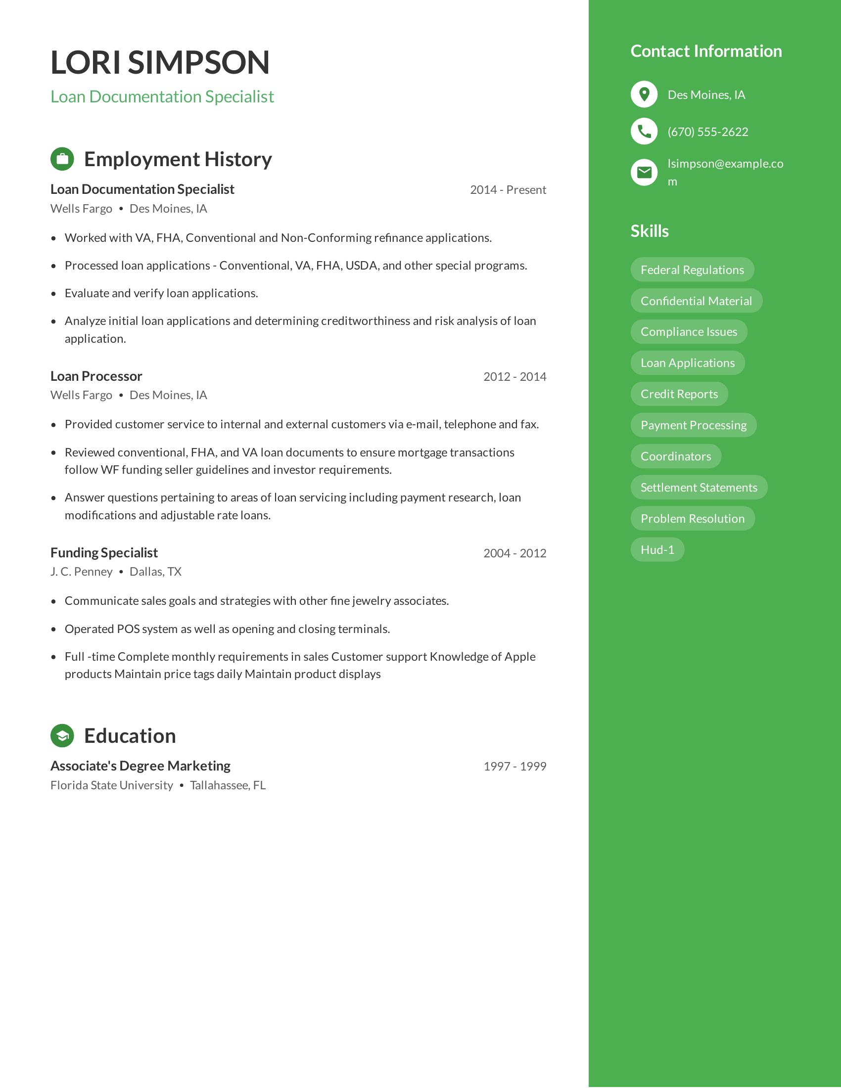 Loan Documentation Specialist resume example