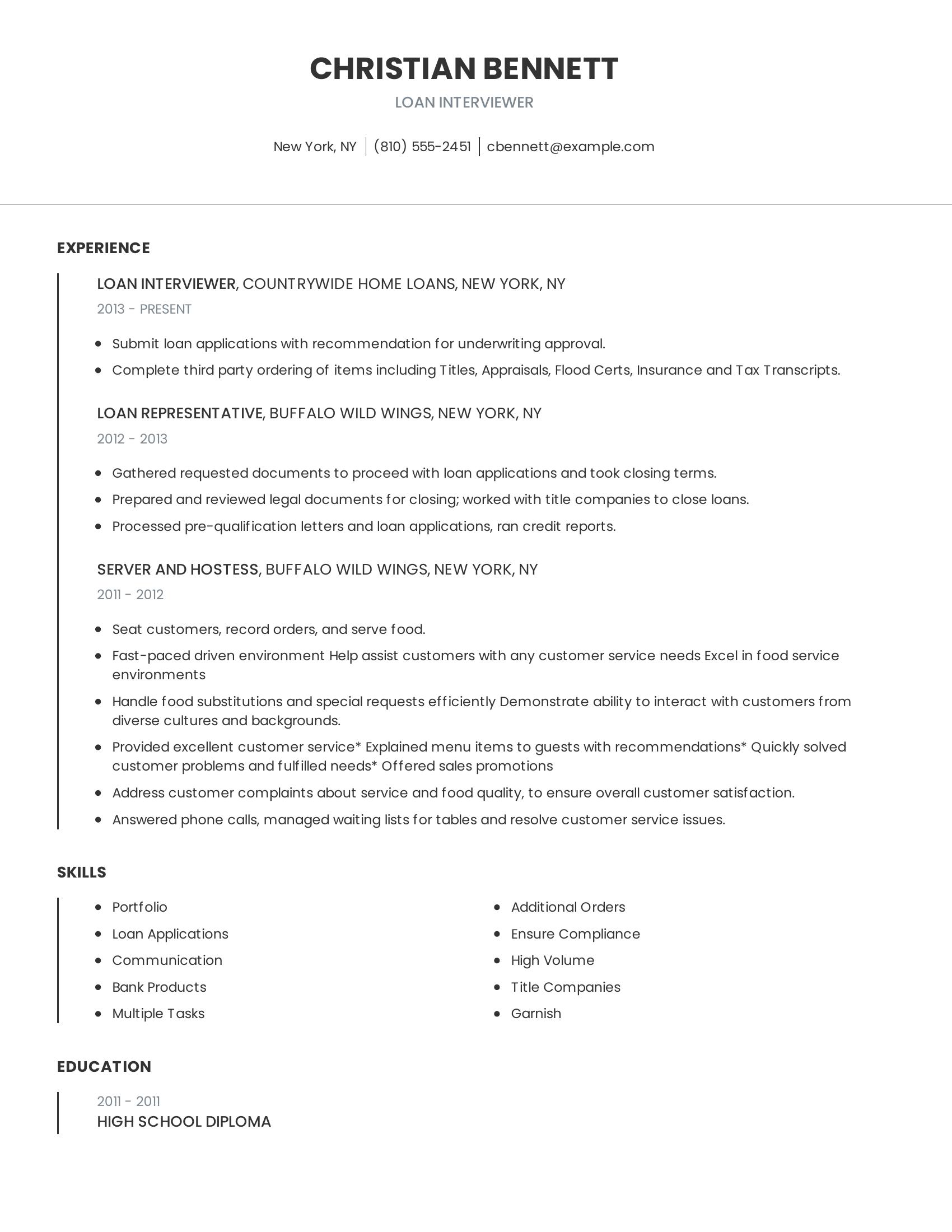 Loan Interviewer resume example