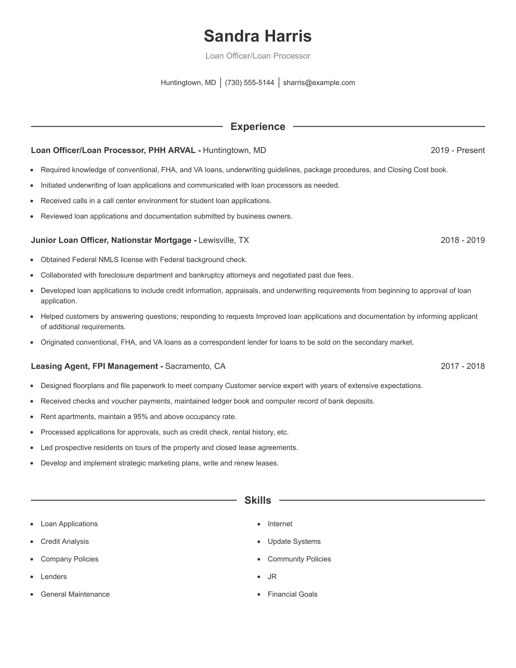 Loan Officer/Loan Processor resume example