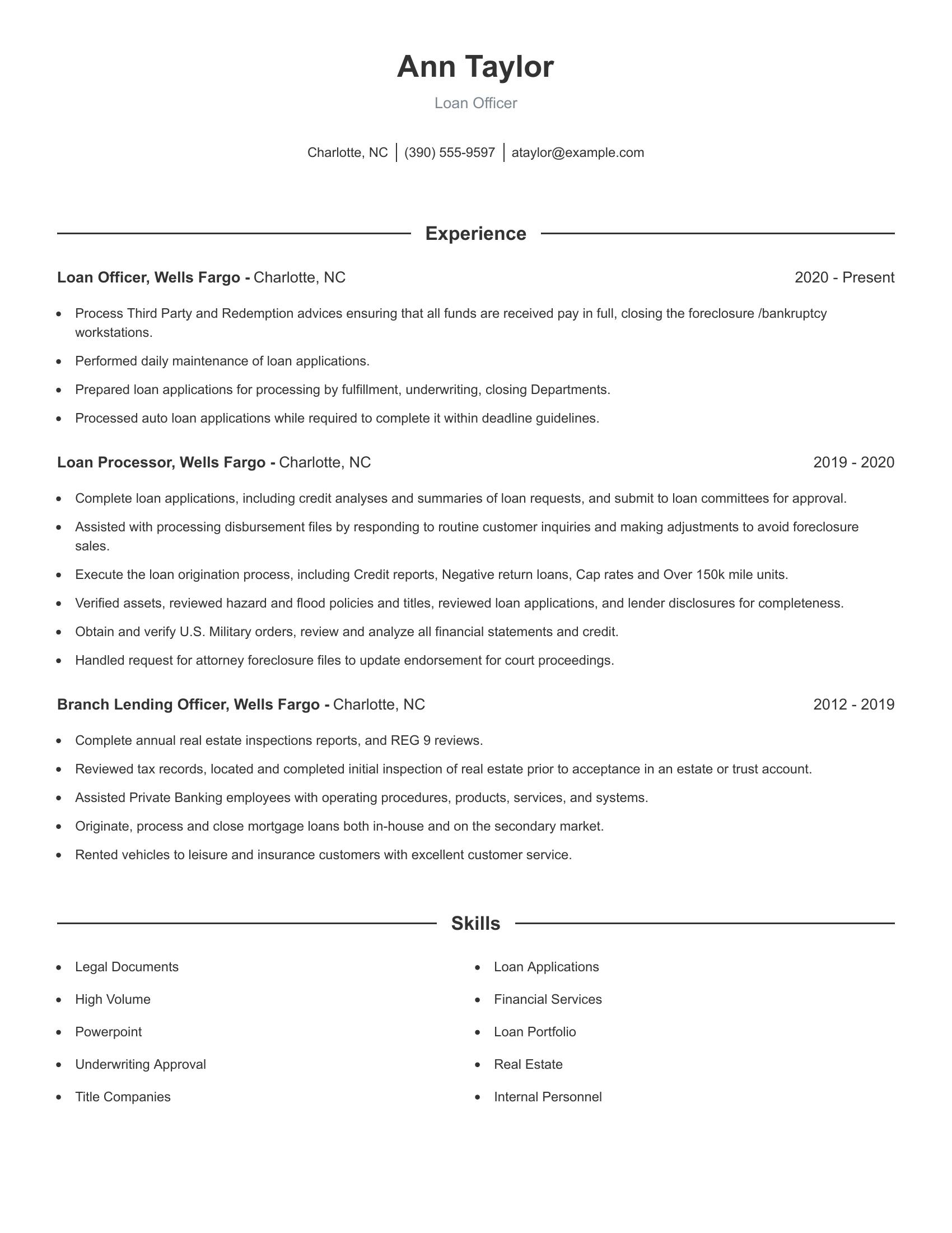 Loan Officer resume example