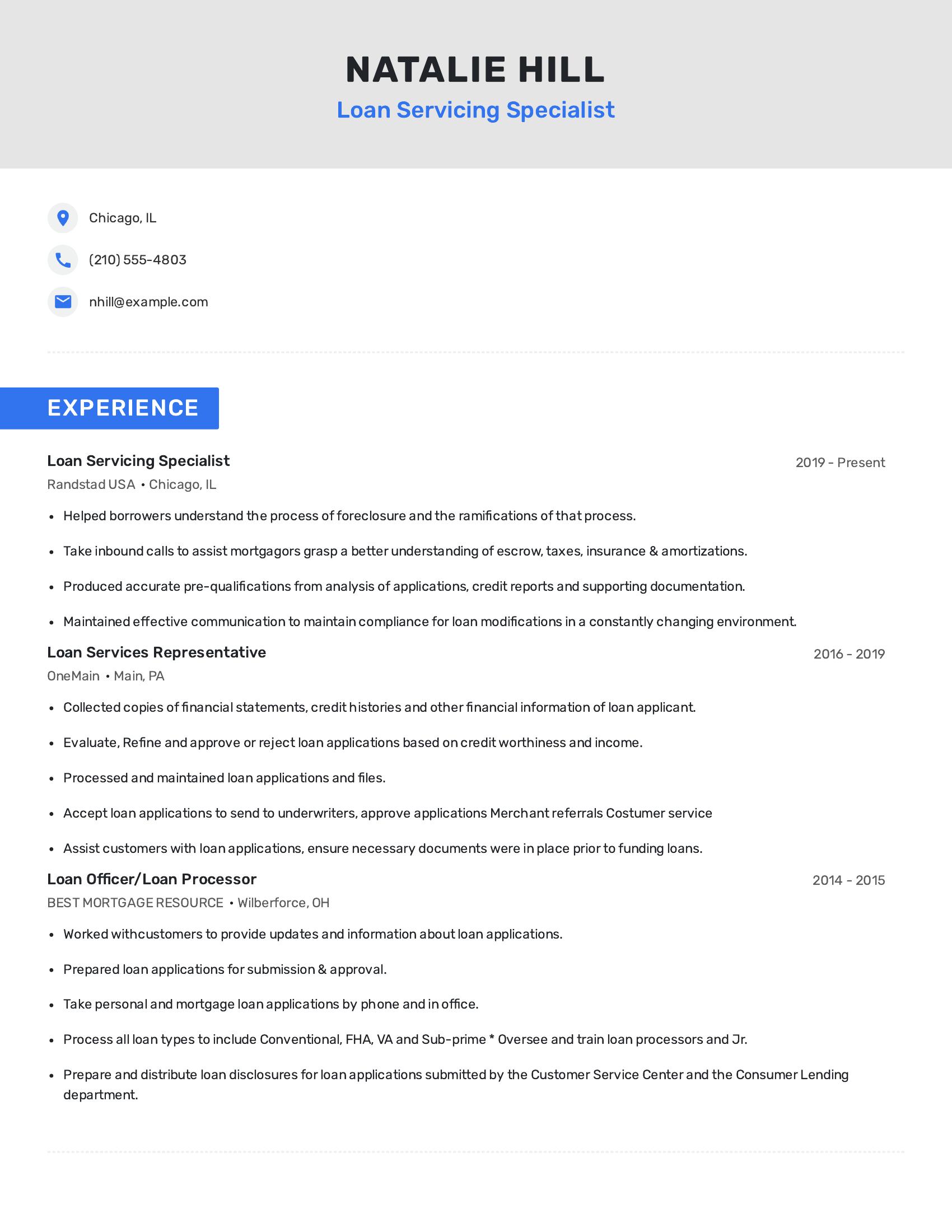 Loan Servicing Specialist resume example