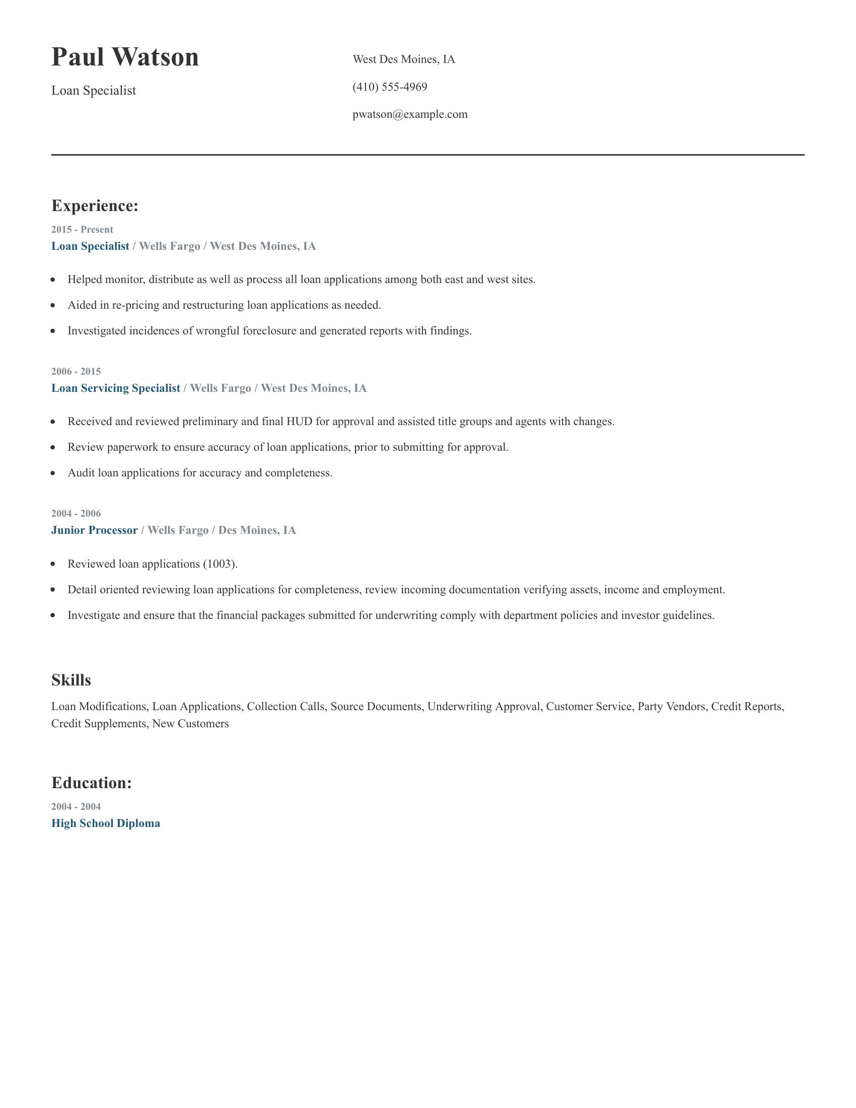 Loan Specialist resume example