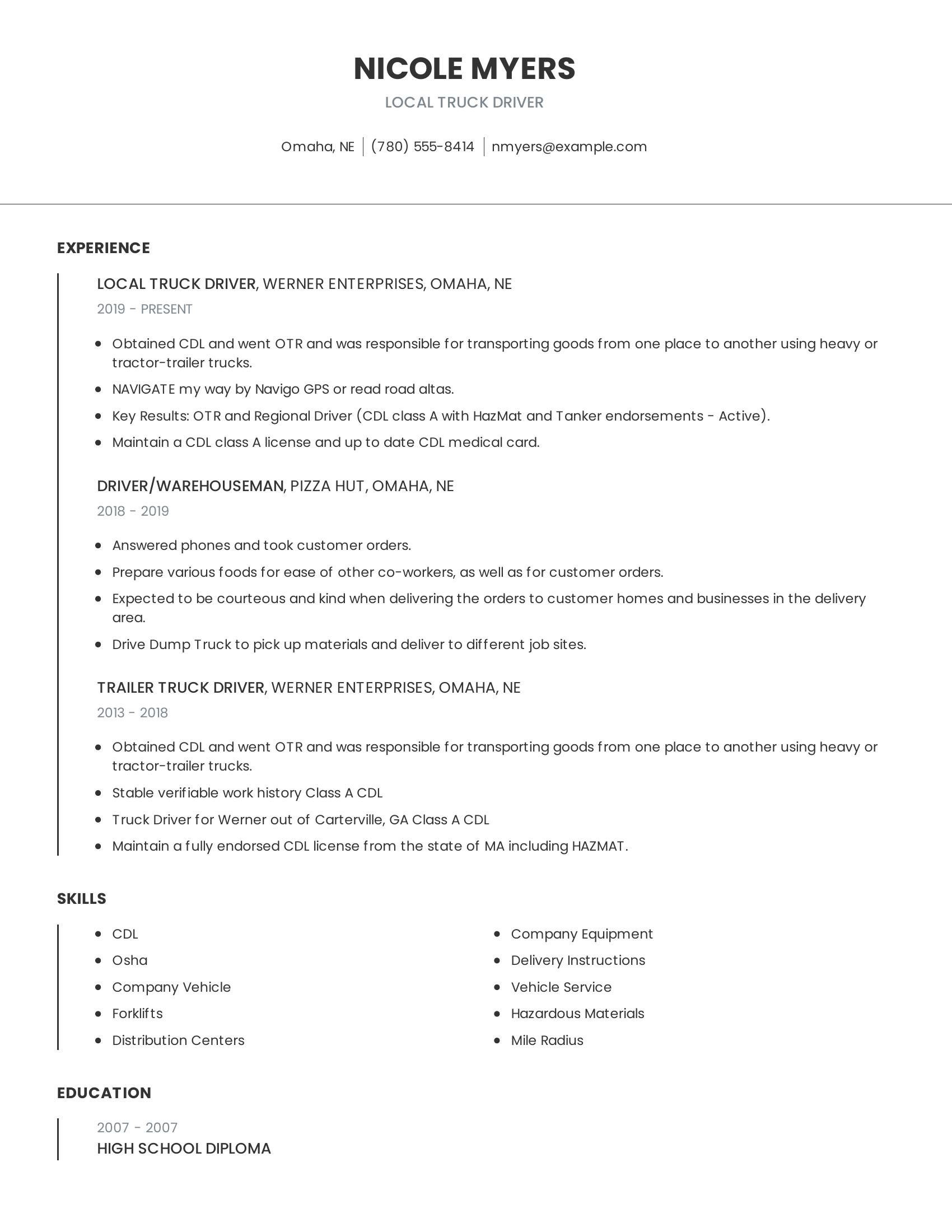 Local Truck Driver resume example