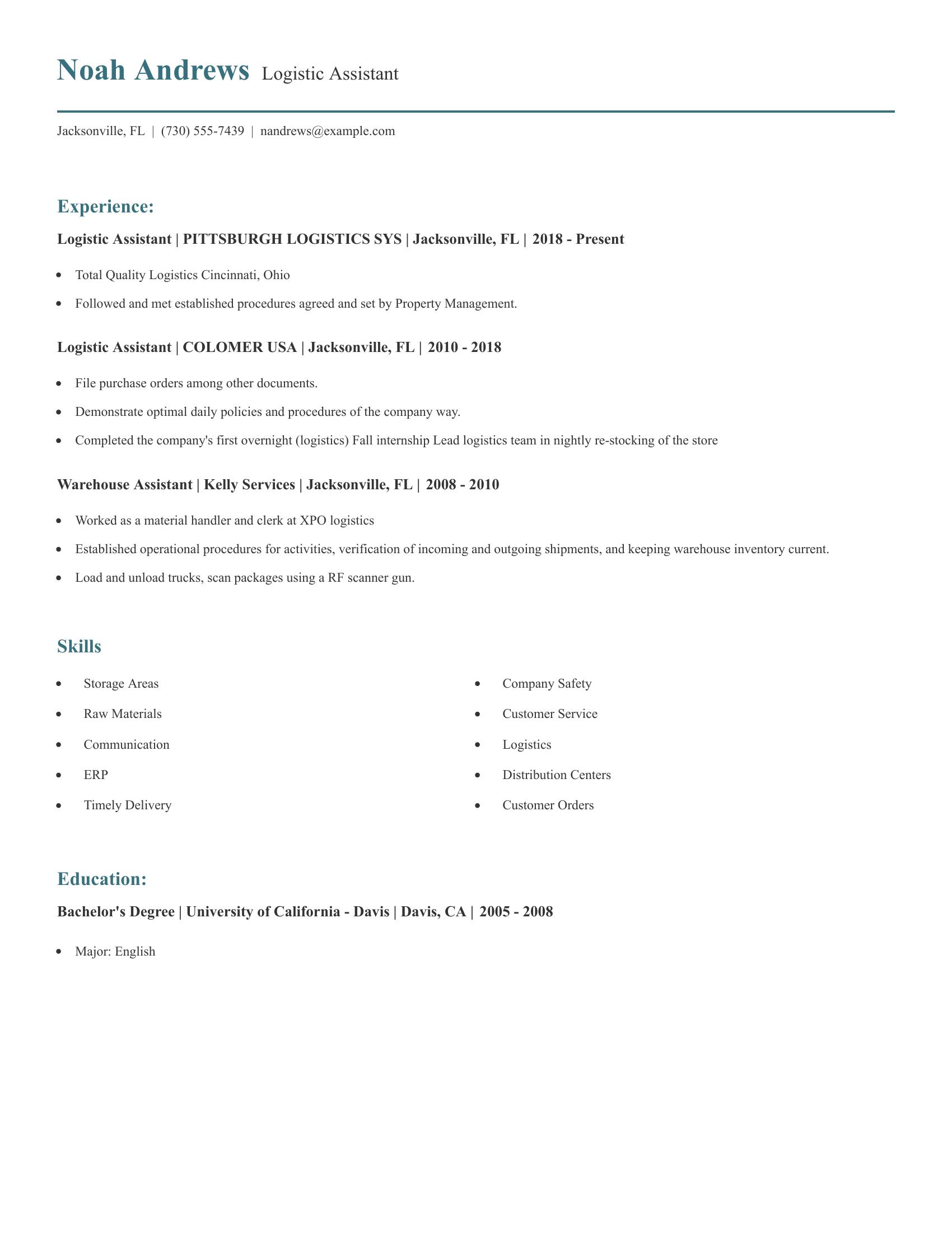 Logistic Assistant resume example