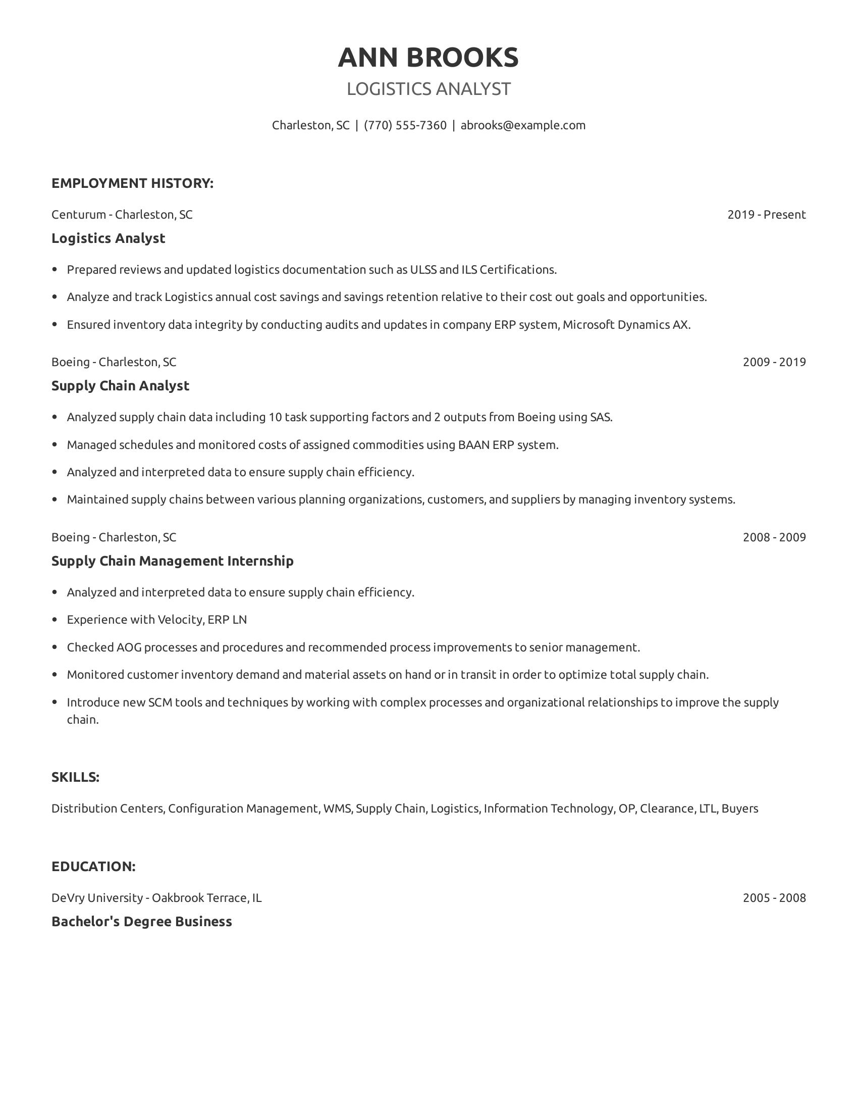 Logistics Analyst resume example