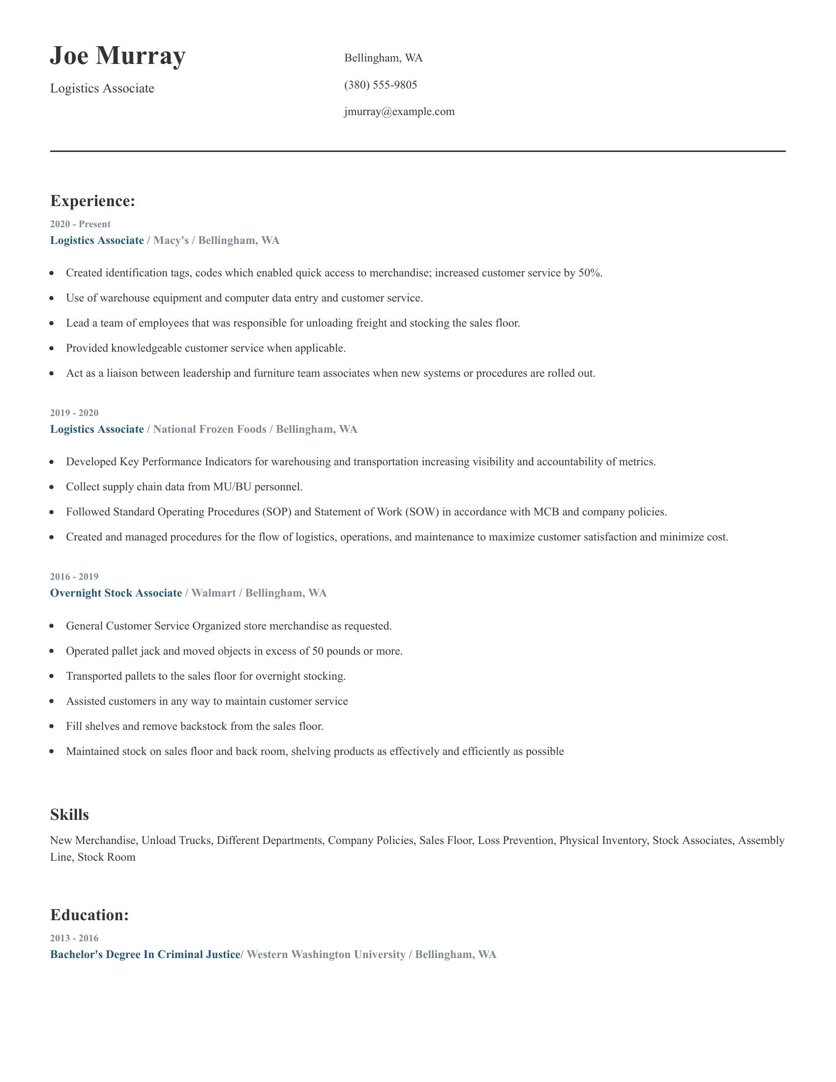 Logistics Associate resume example