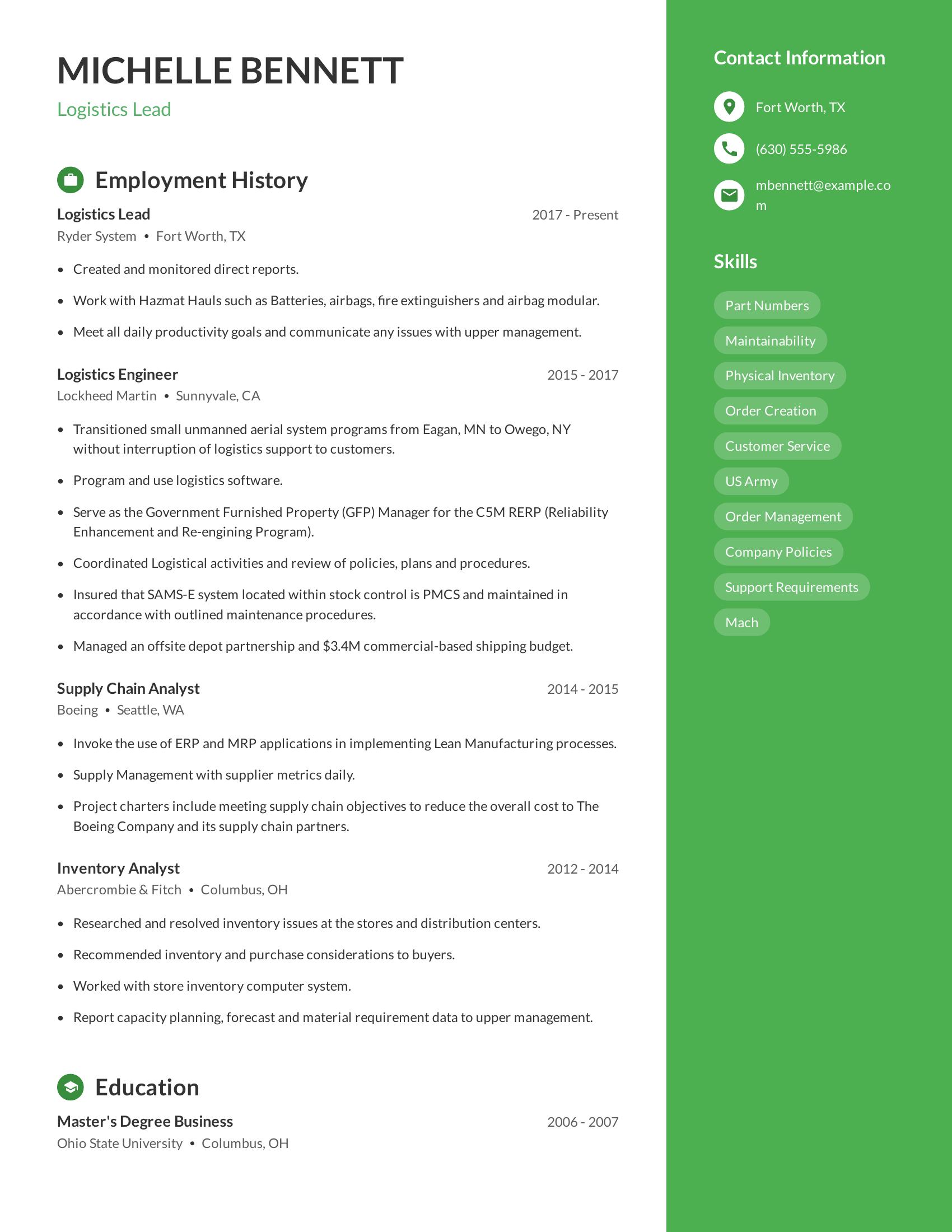 Logistics Lead resume example