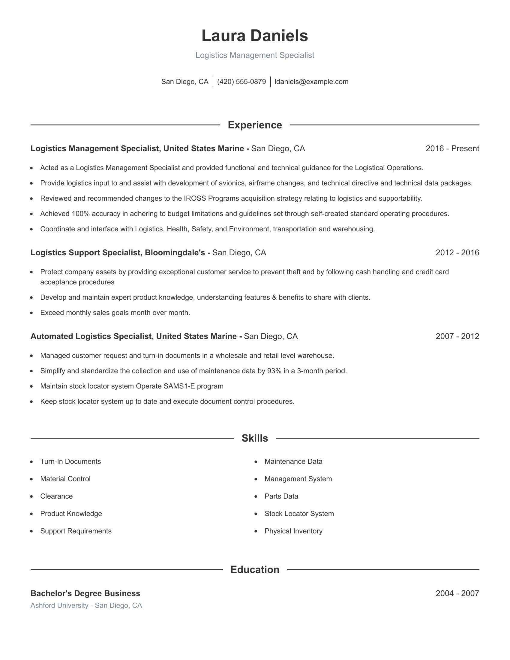 Logistics Management Specialist resume example