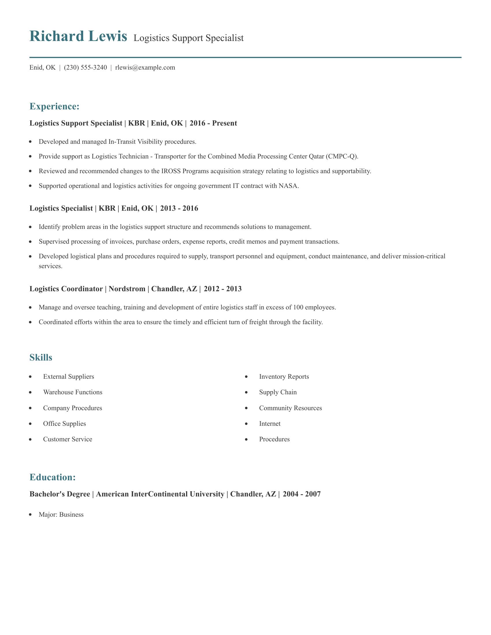 Logistics Support Specialist resume example