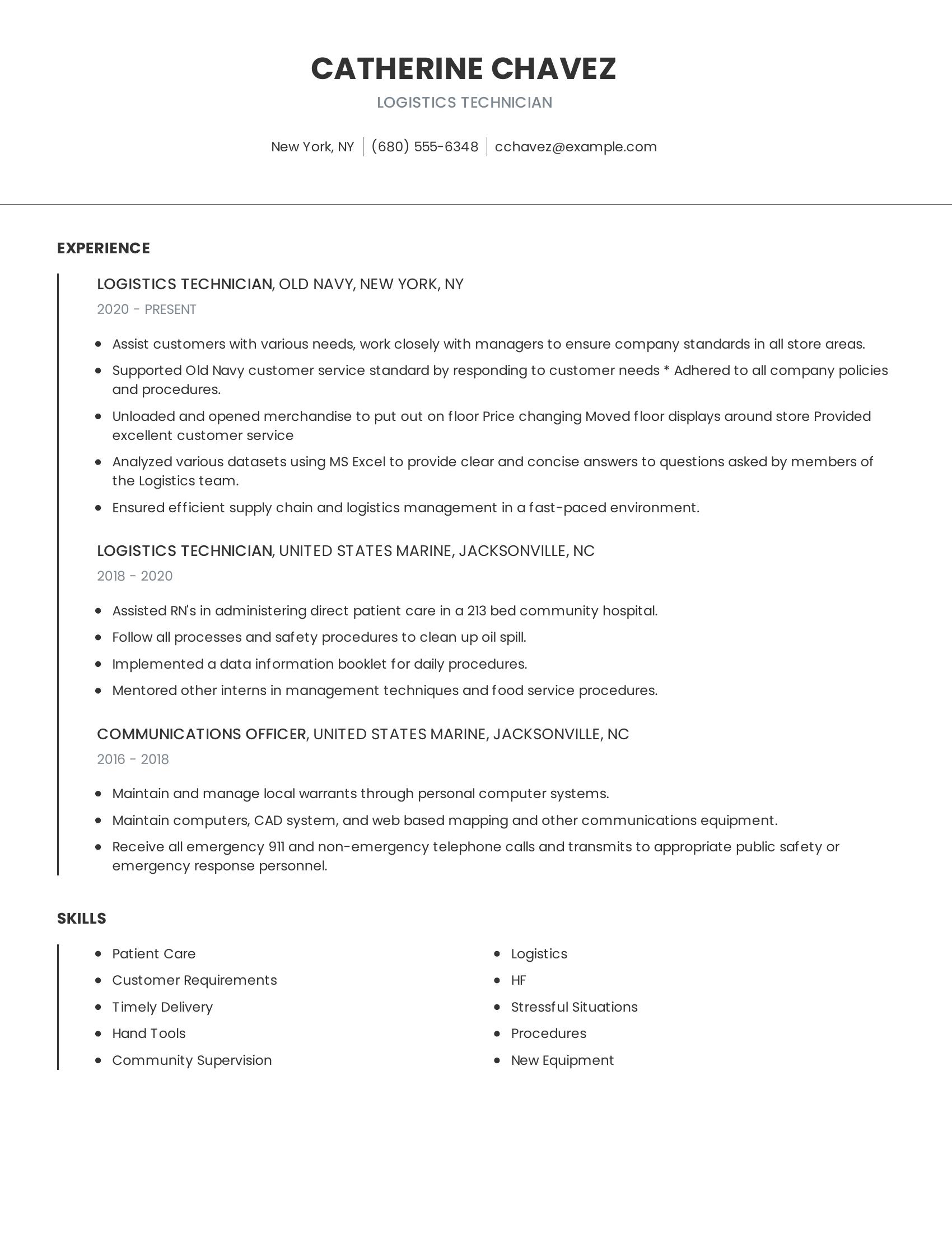 Logistics Technician resume example