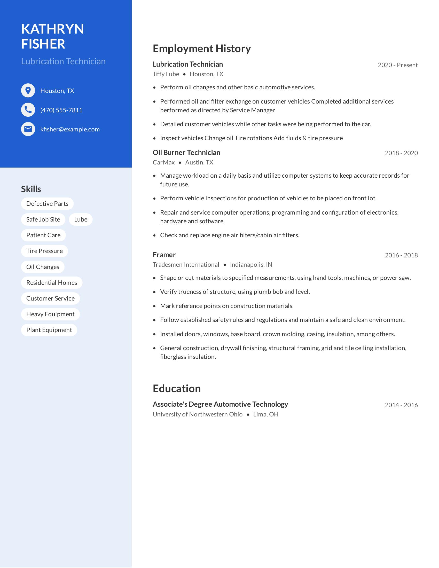 Lubrication Technician resume example