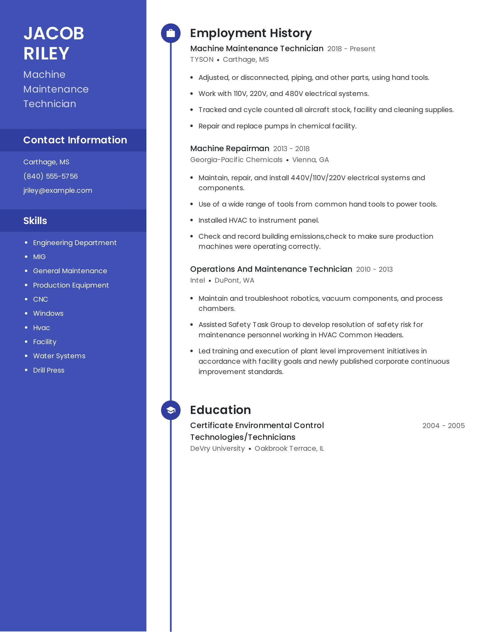 Machine Maintenance Technician resume example