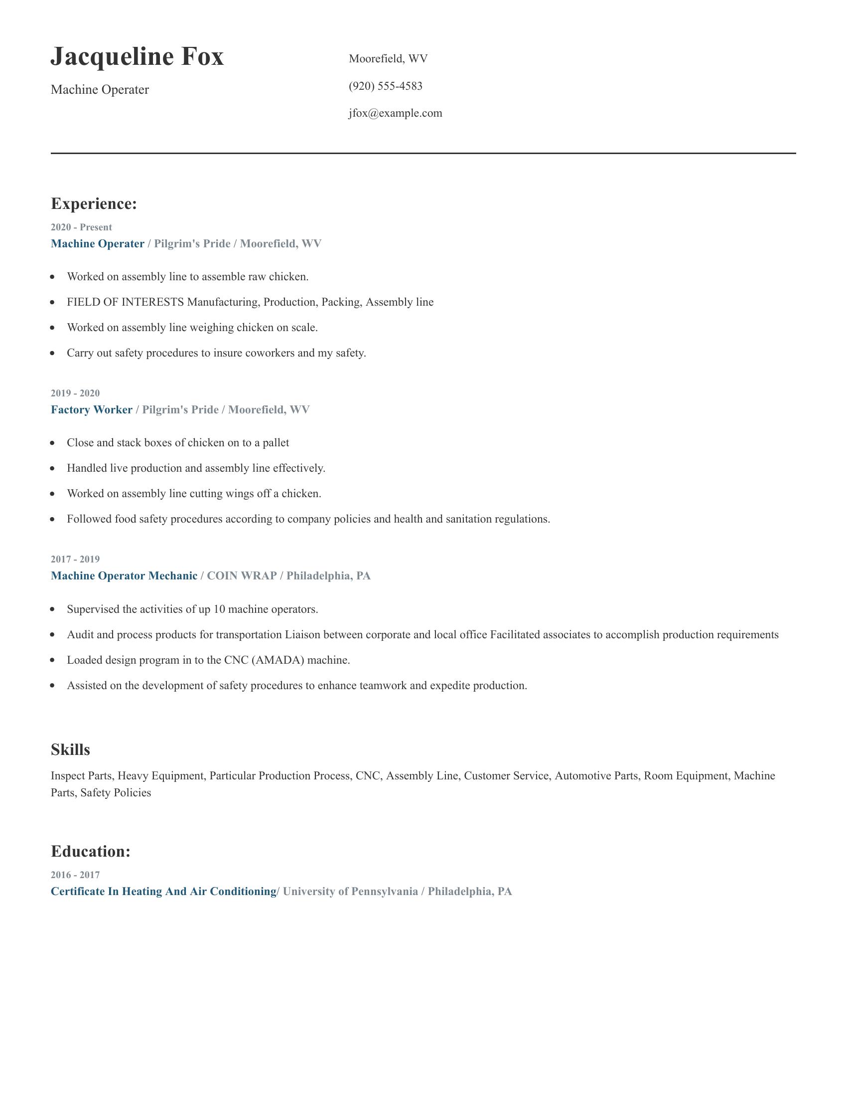 Machine Operater resume example