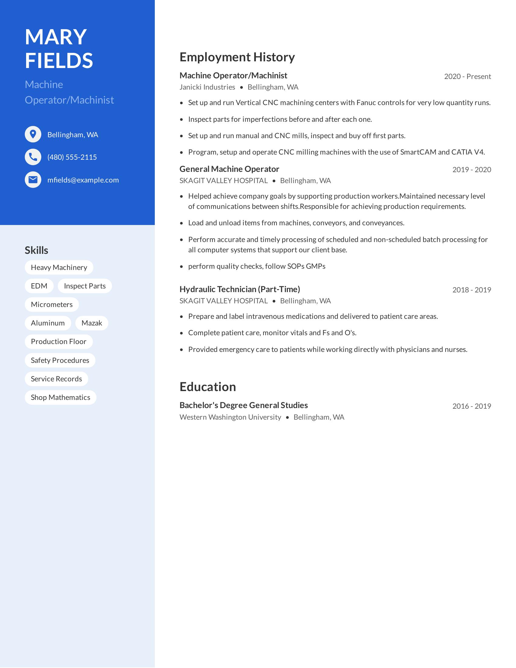 Machine Operator/Machinist resume example