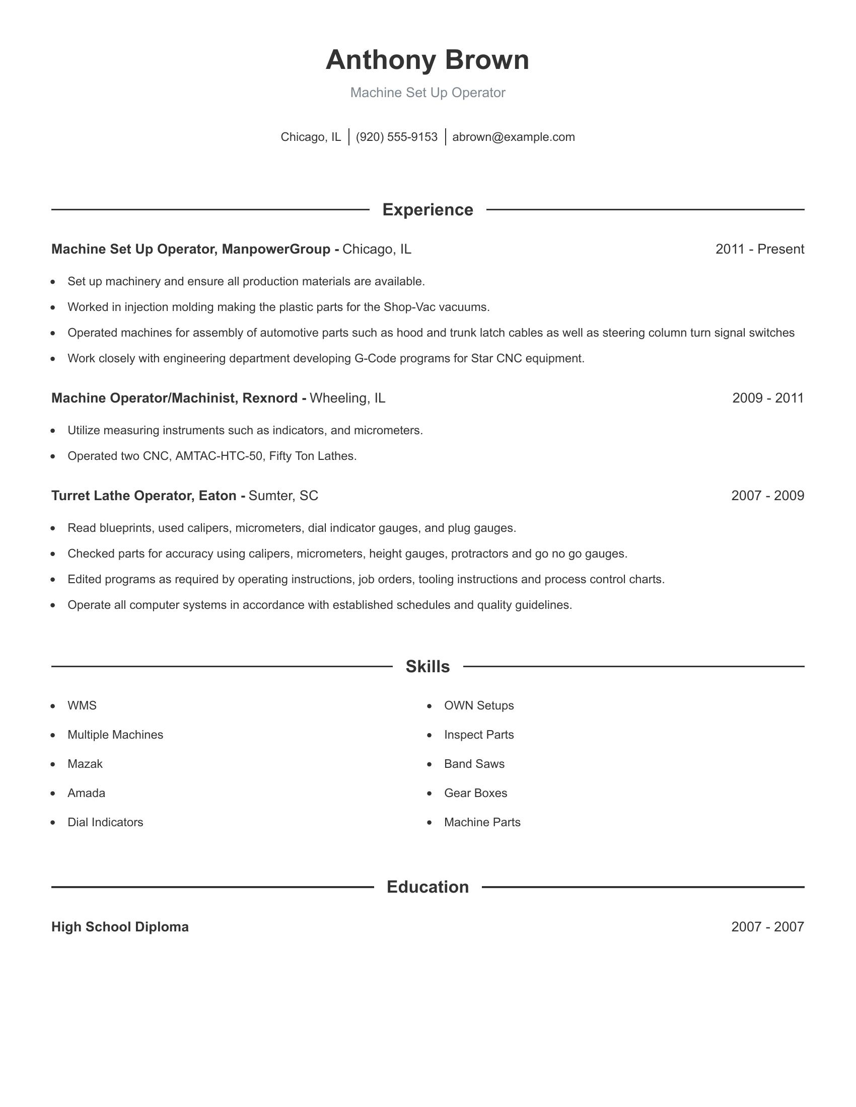 Machine Set Up Operator resume example