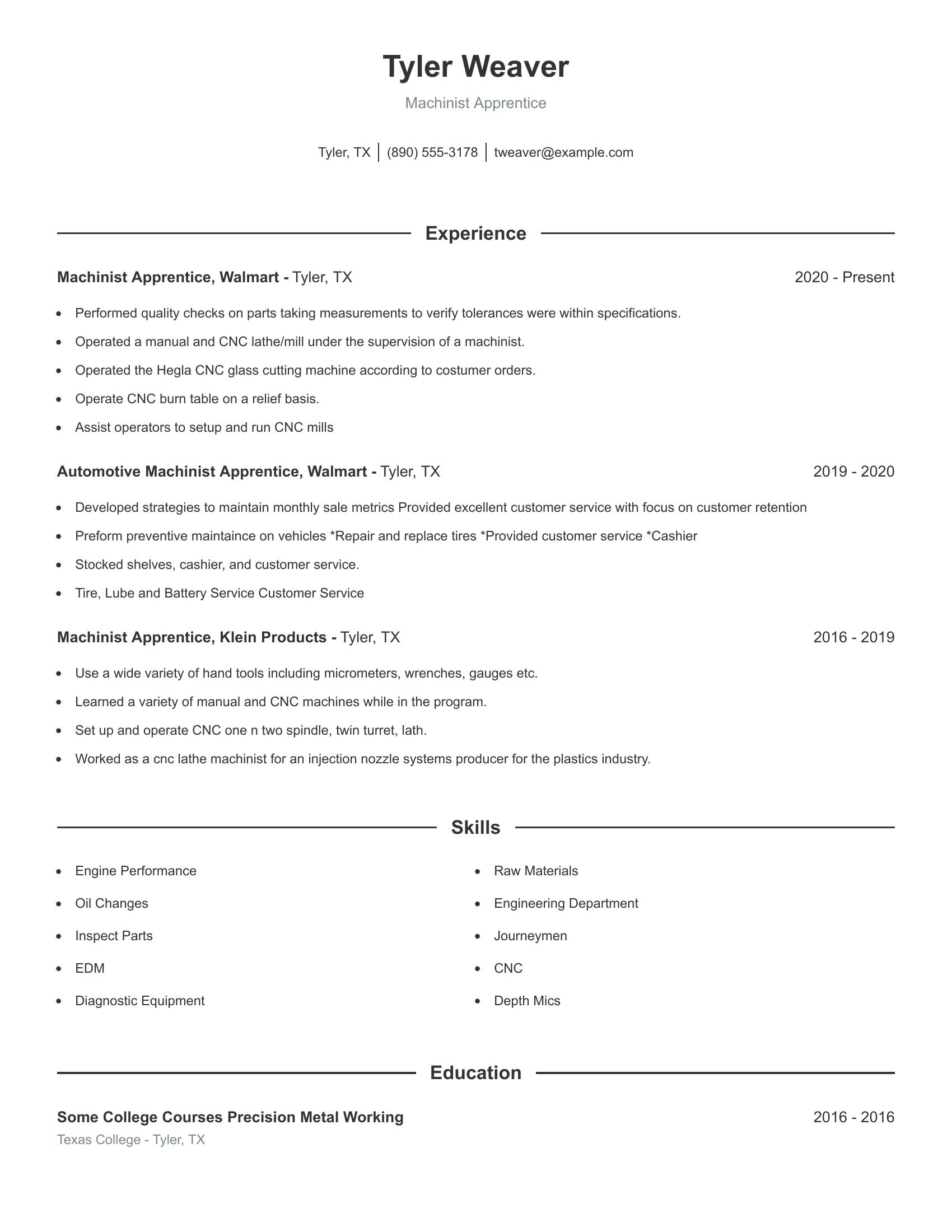 Machinist Apprentice resume example