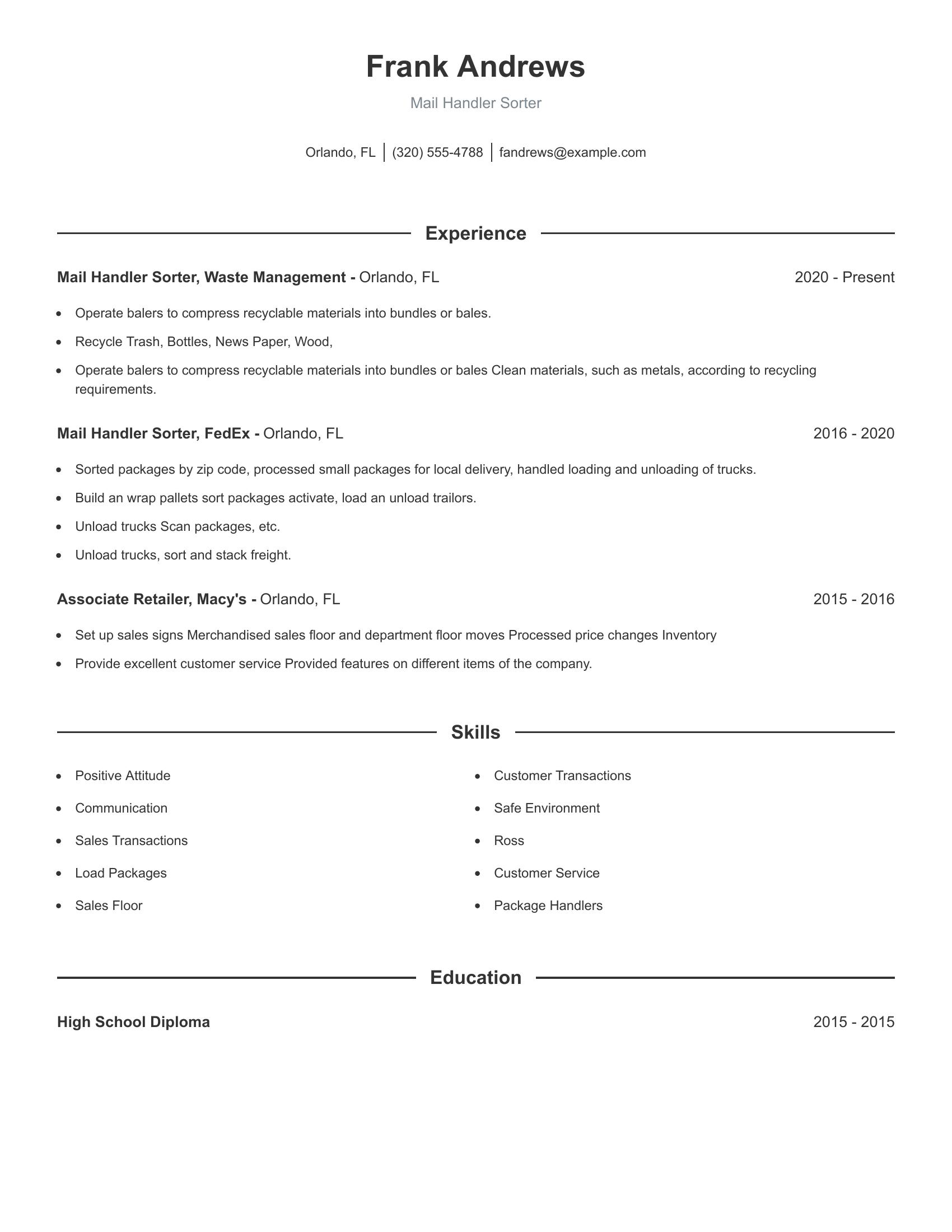 Mail Handler Sorter resume example