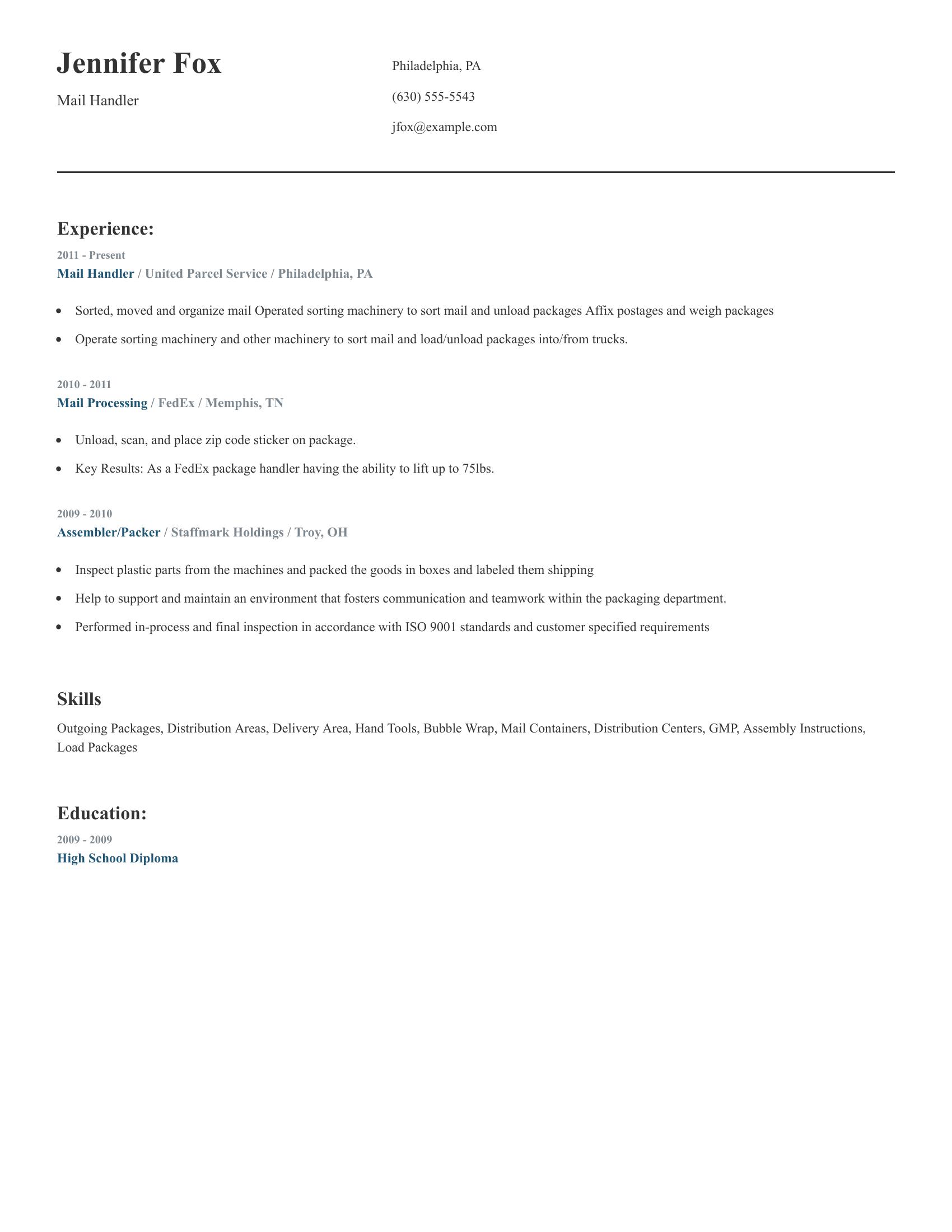 Mail Handler resume example