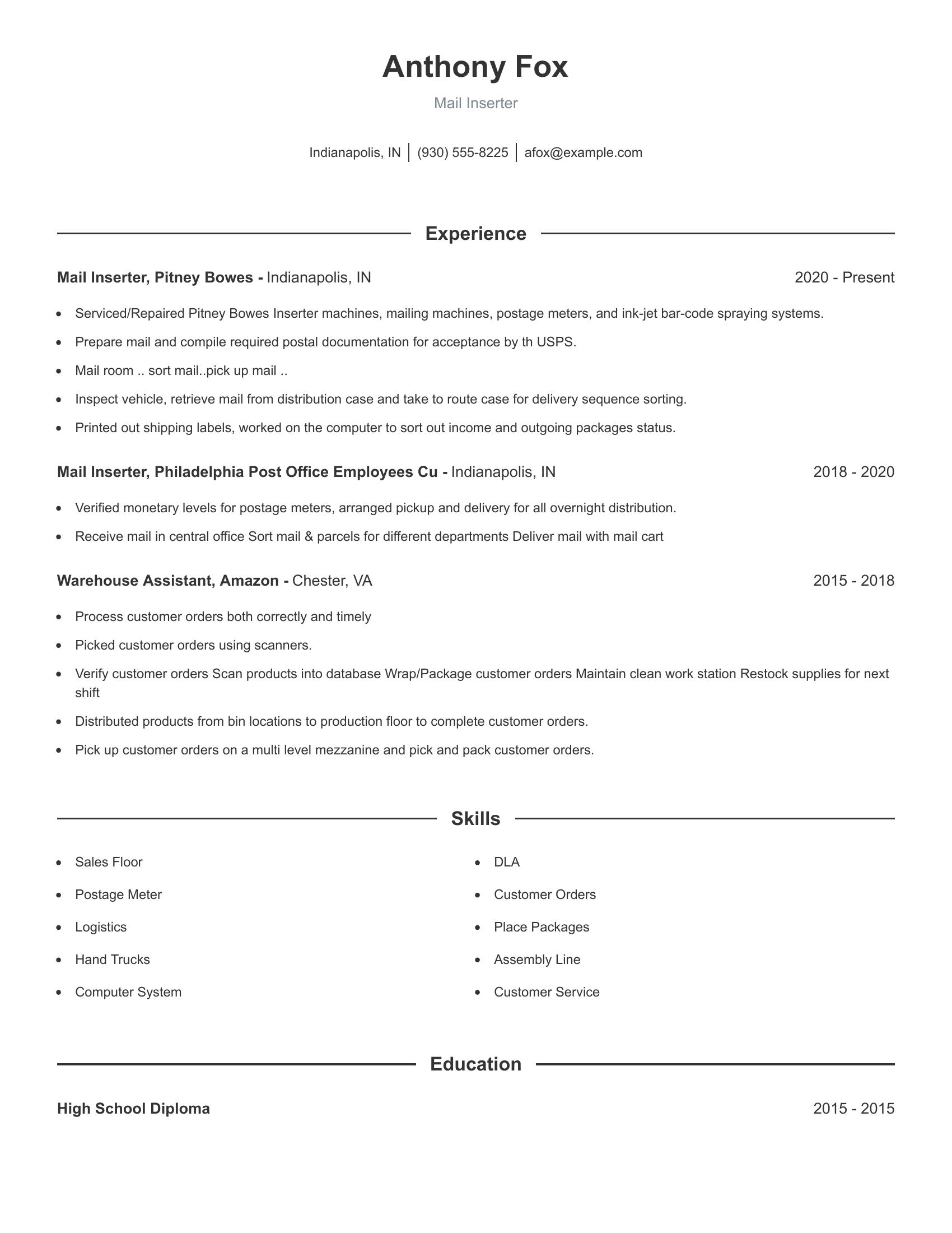 Mail Inserter resume example