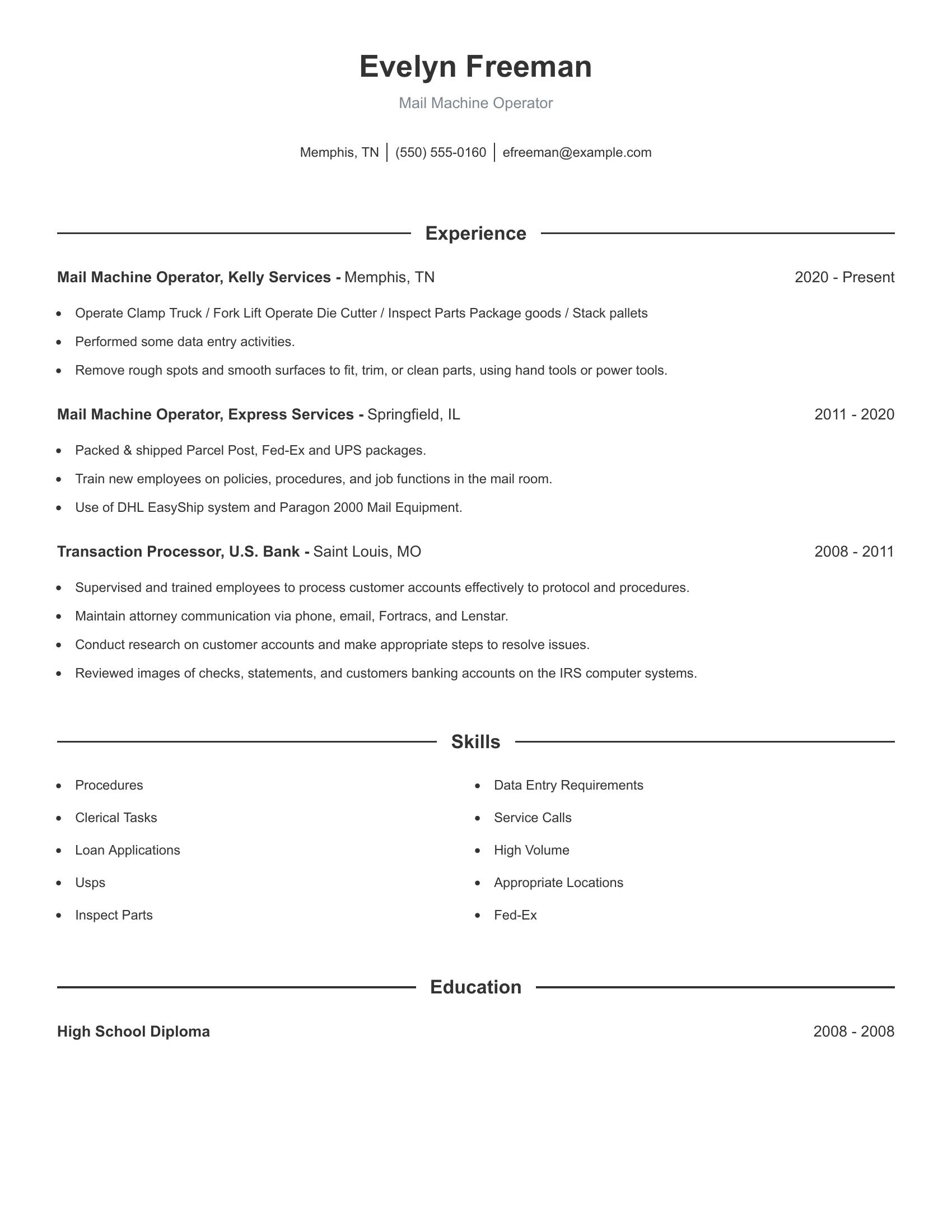 Mail Machine Operator resume example