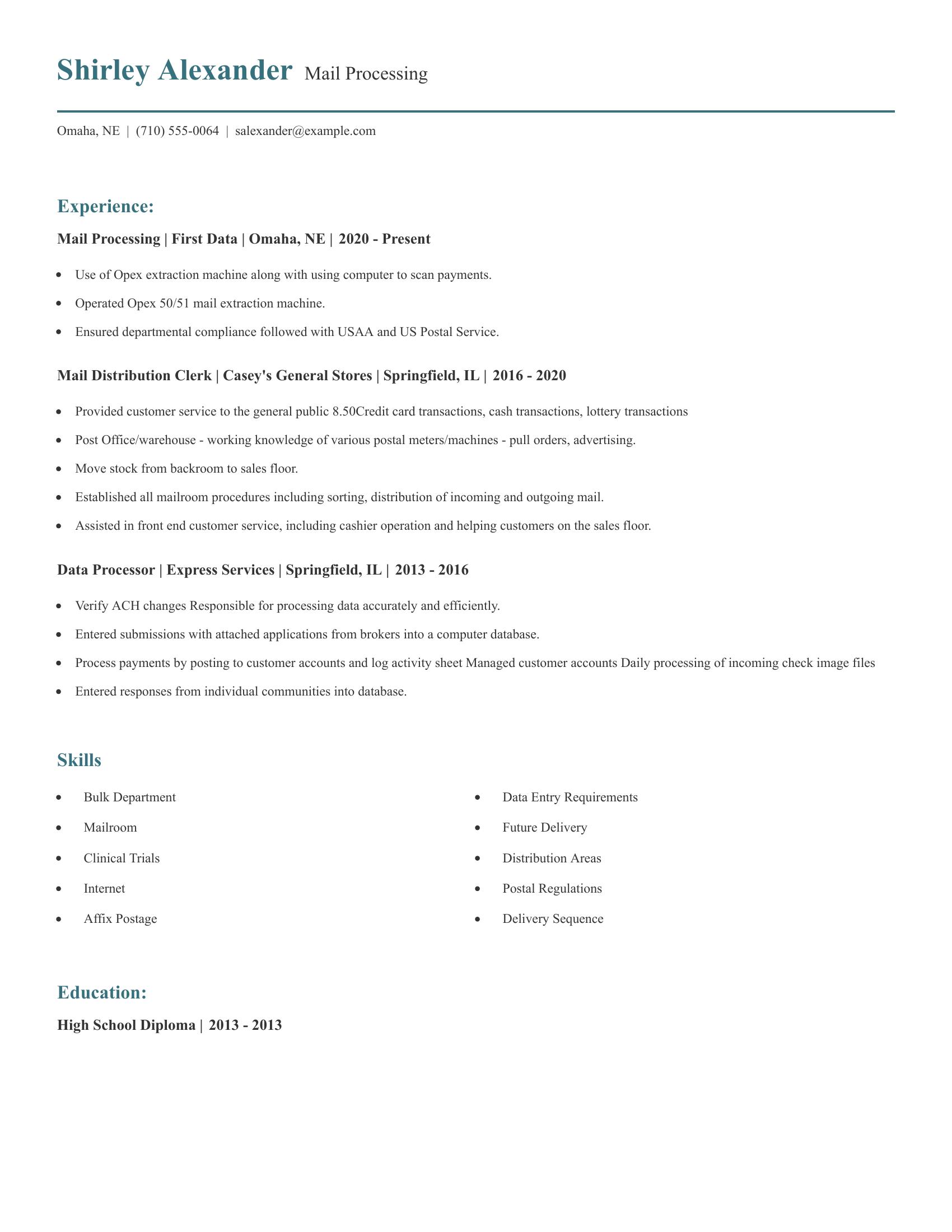 Mail Processing resume example