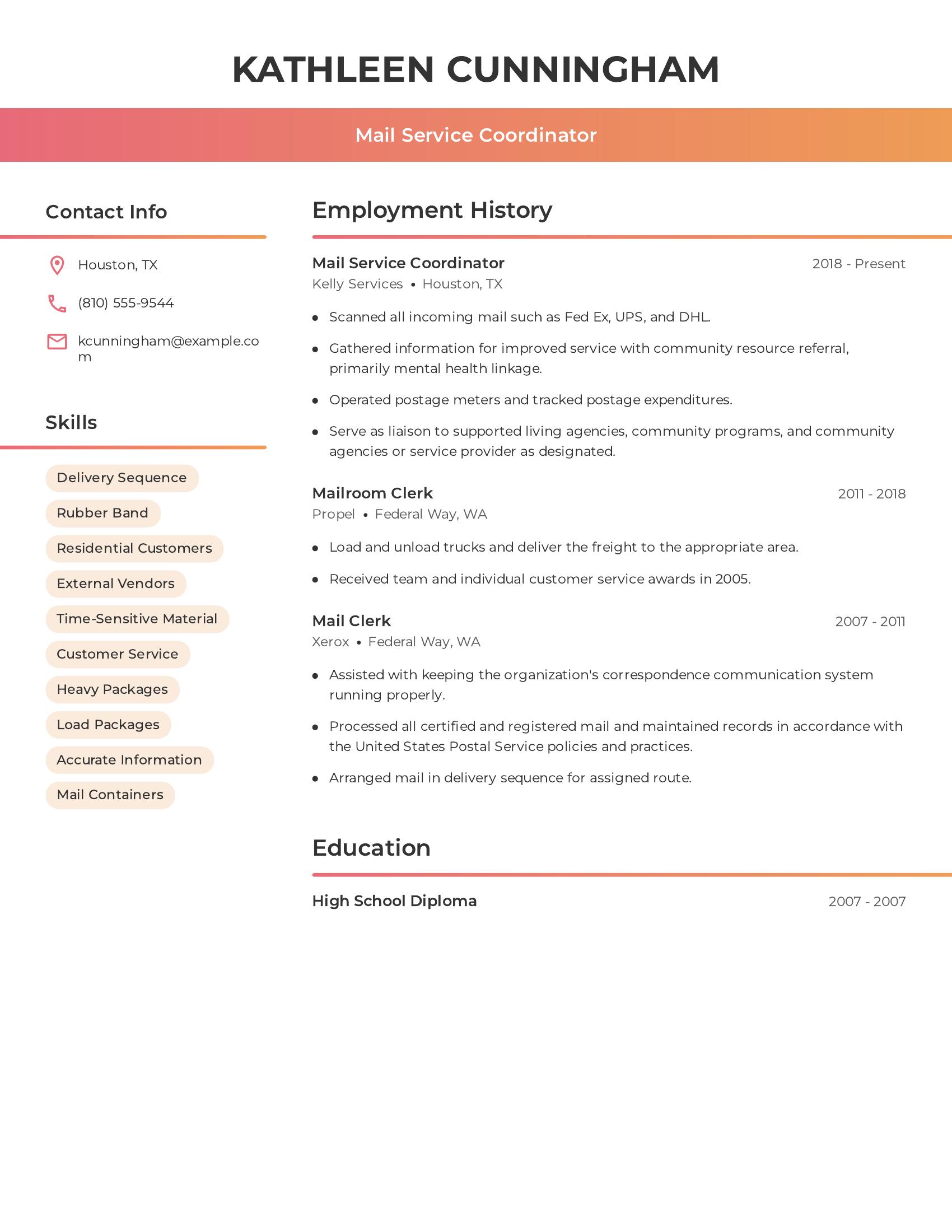 Mail Service Coordinator resume example