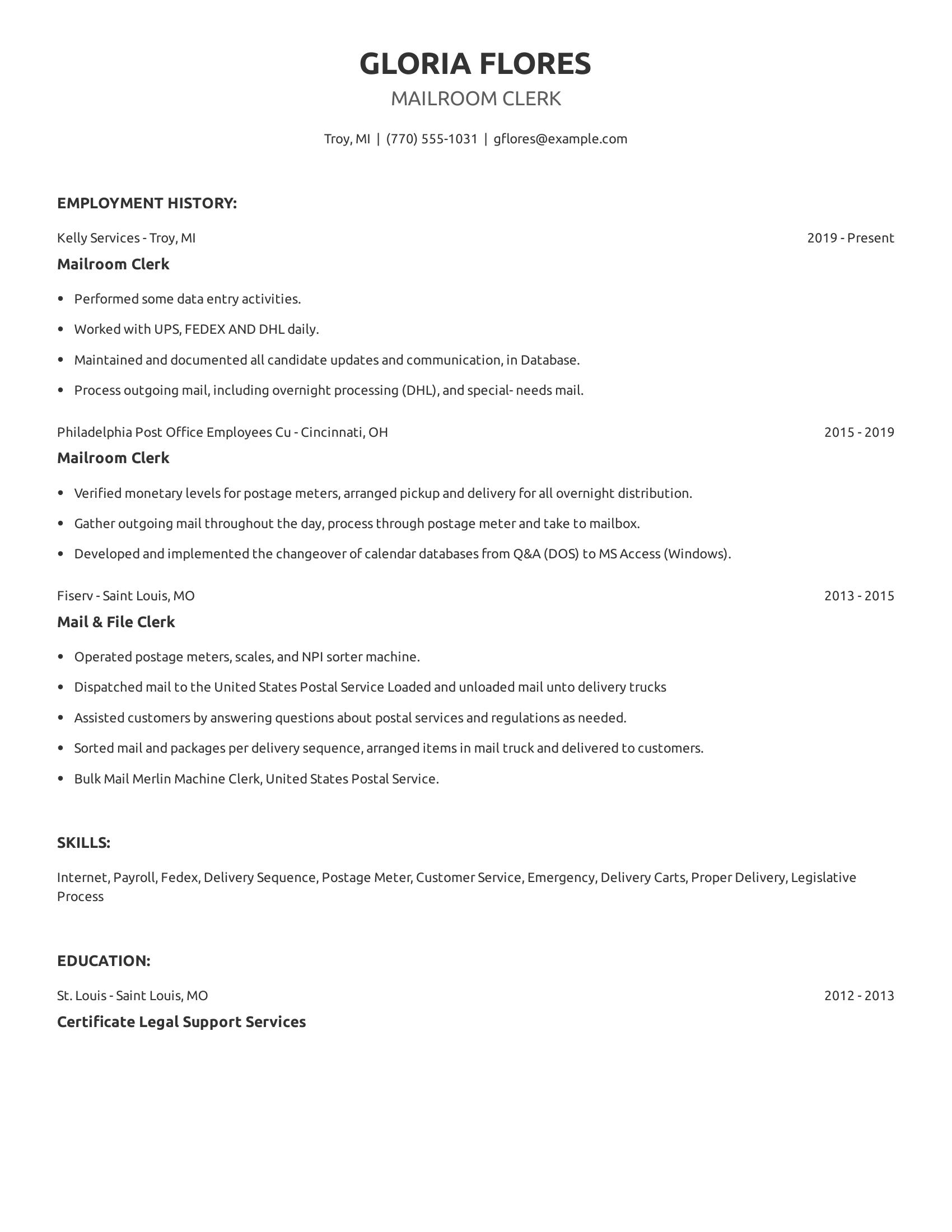 Mailroom Clerk resume example