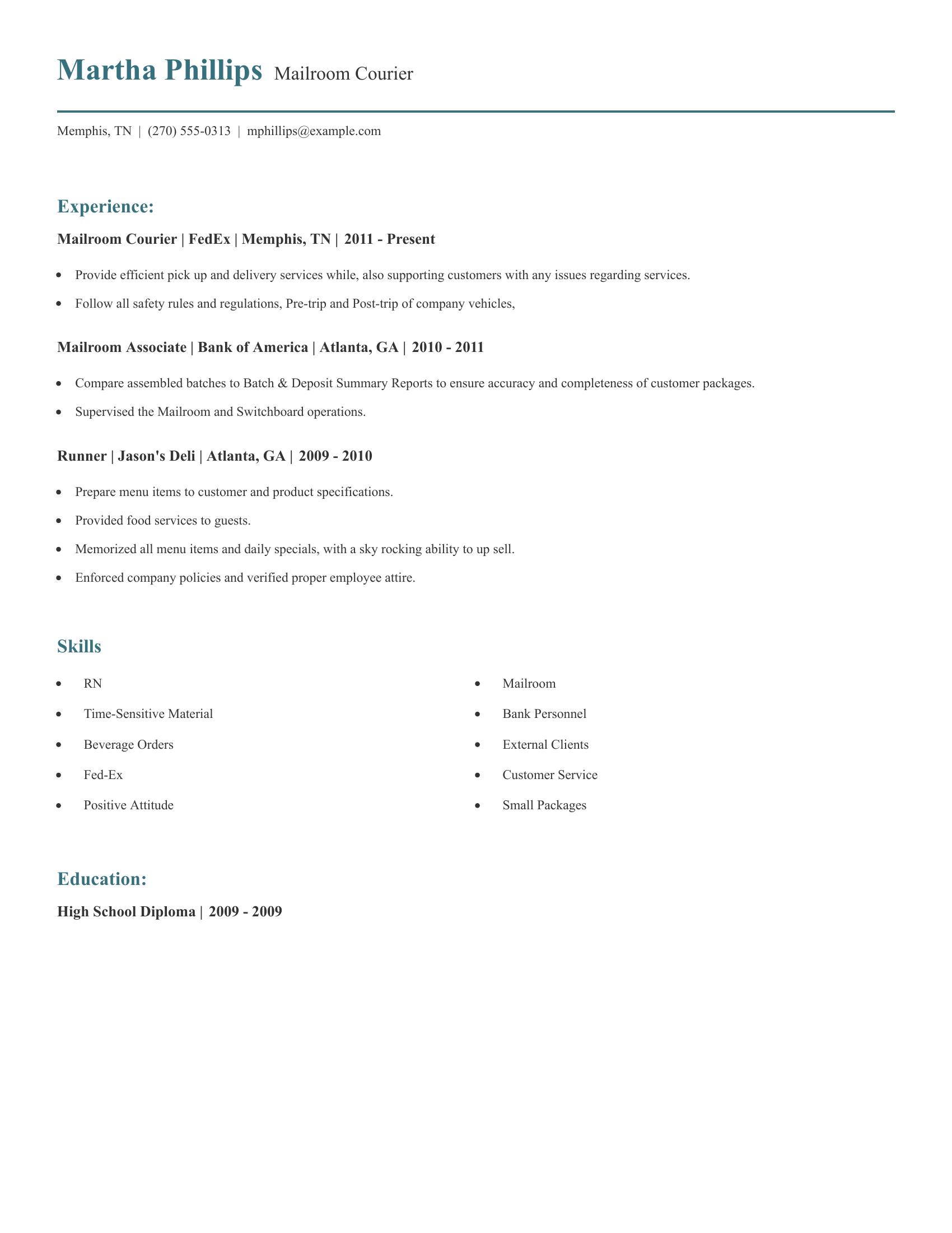 Mailroom Courier resume example