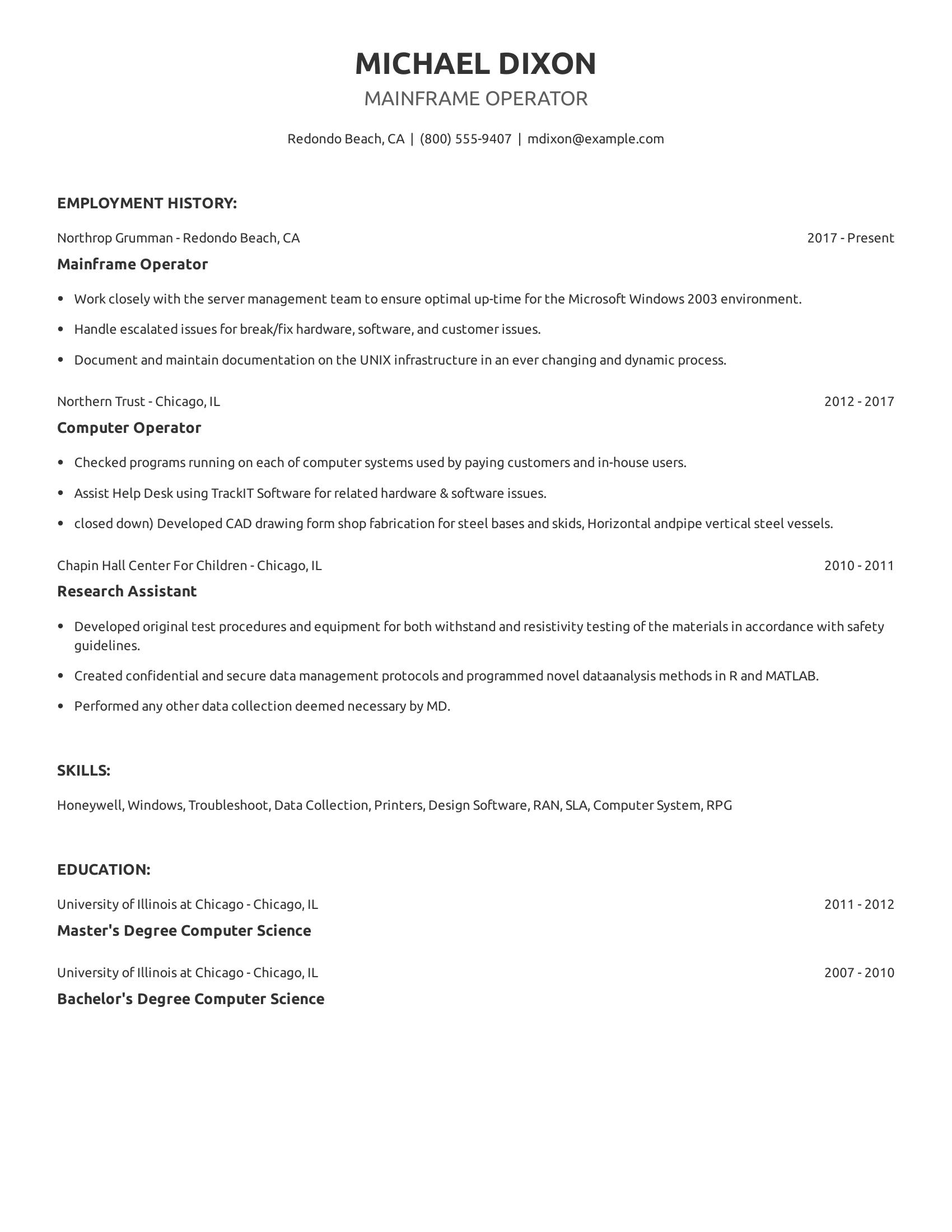 Mainframe Operator resume example