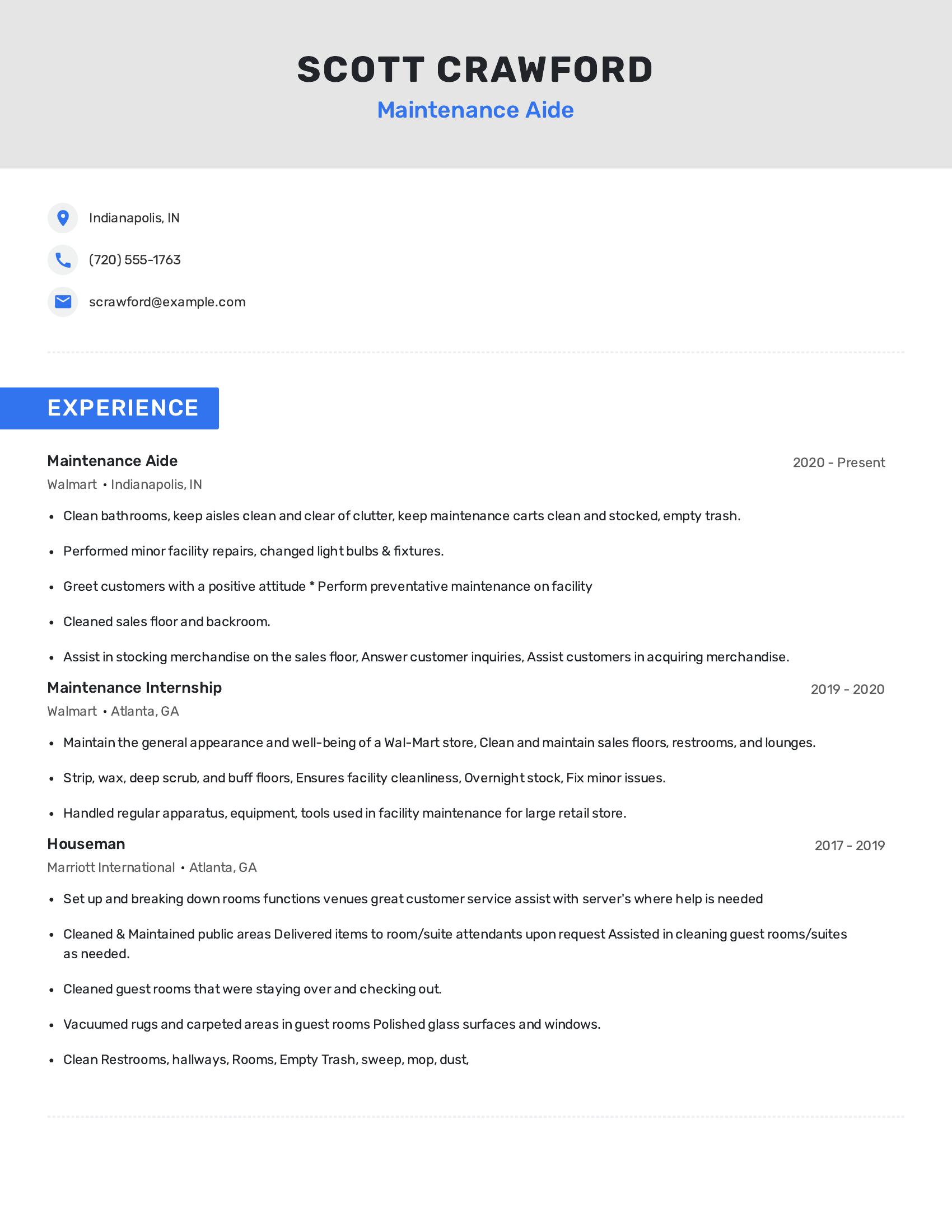 Maintenance Aide resume example