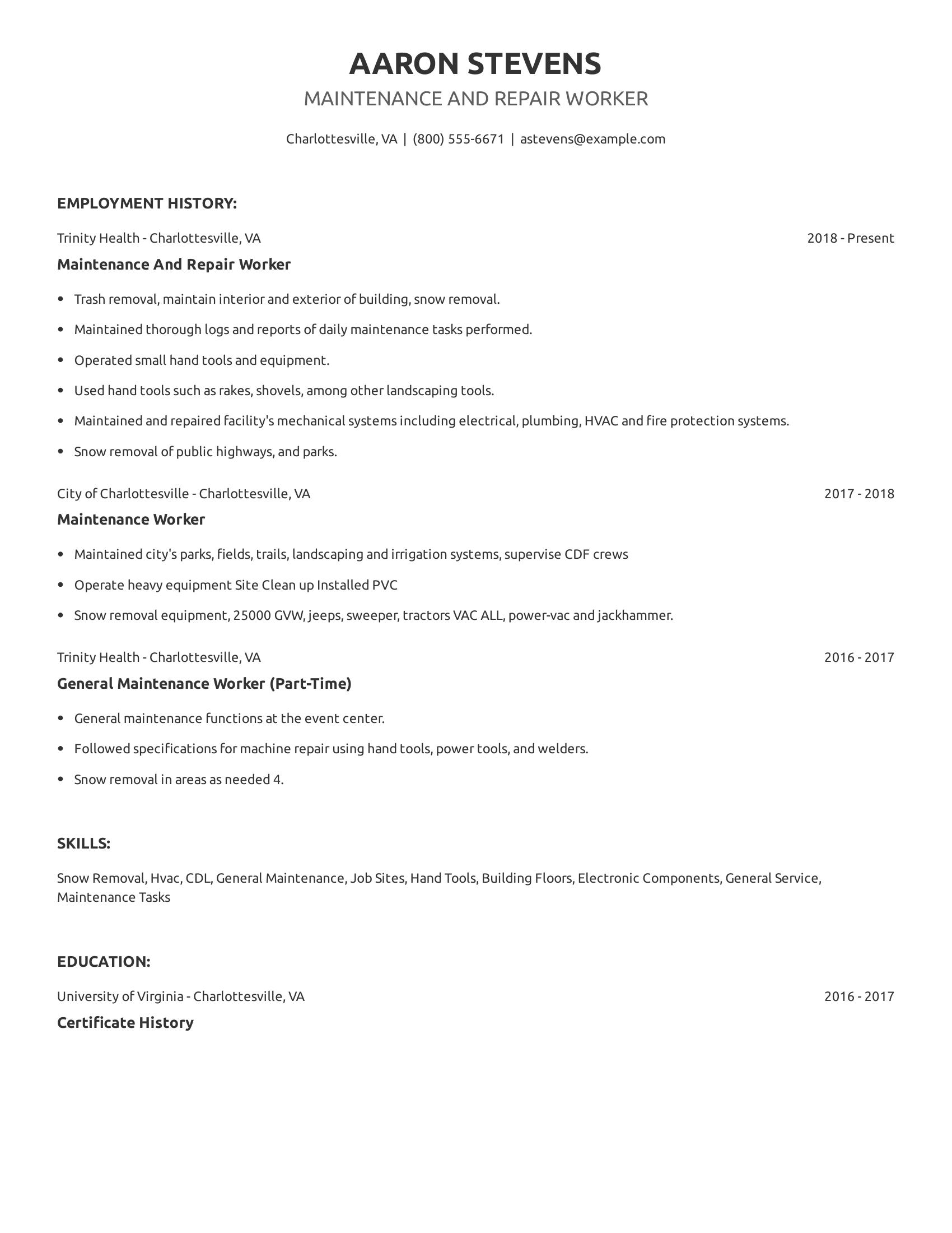 Maintenance And Repair Worker resume example