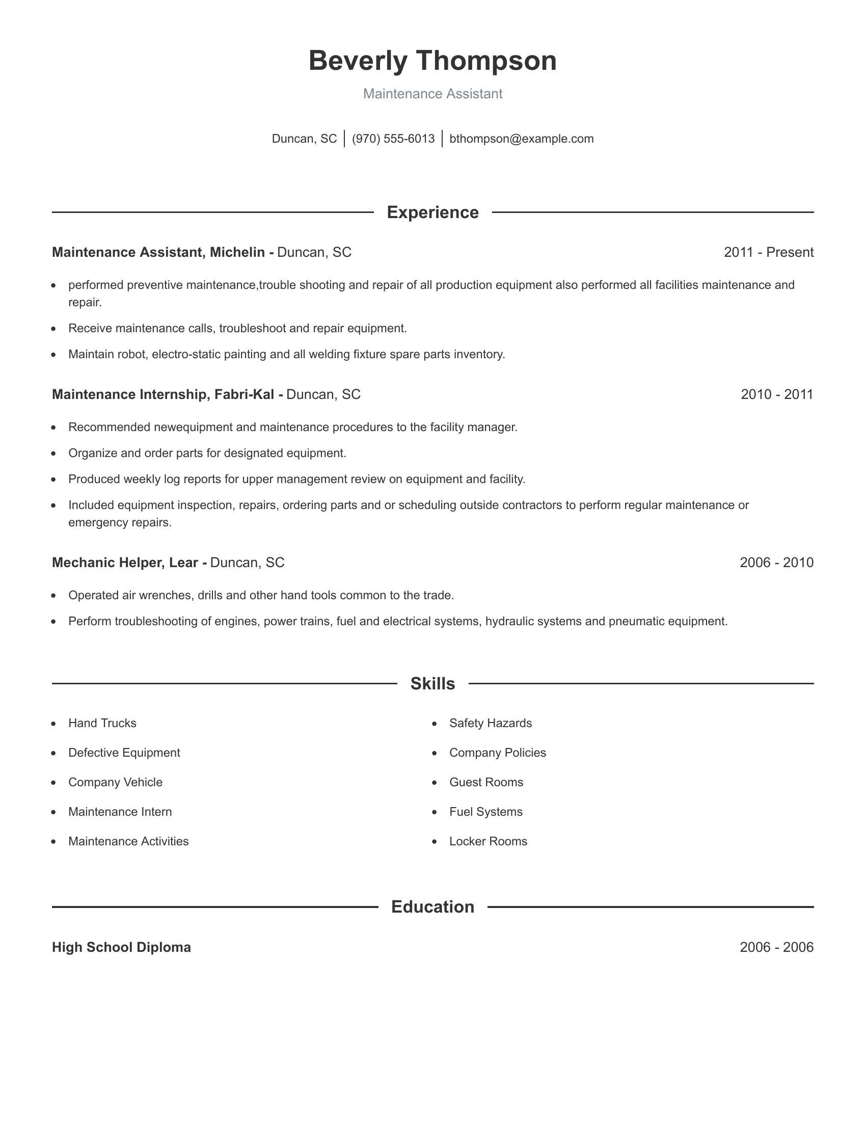 Maintenance Assistant resume example