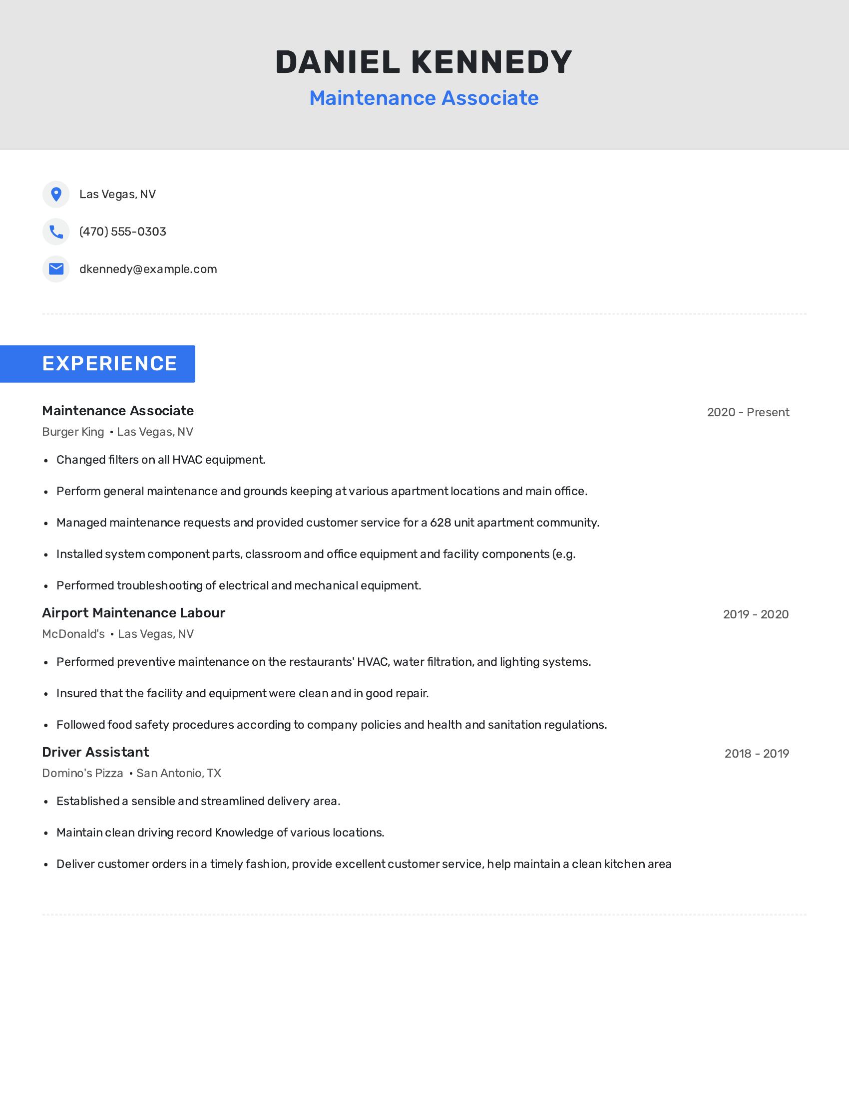 Maintenance Associate resume example