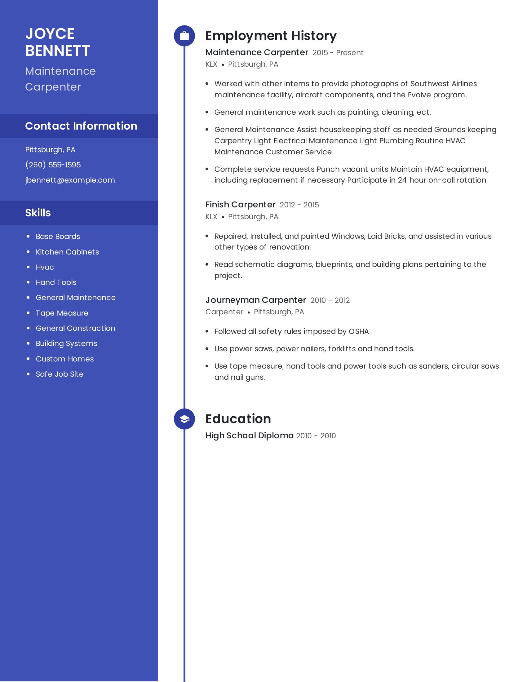 Maintenance Carpenter resume example