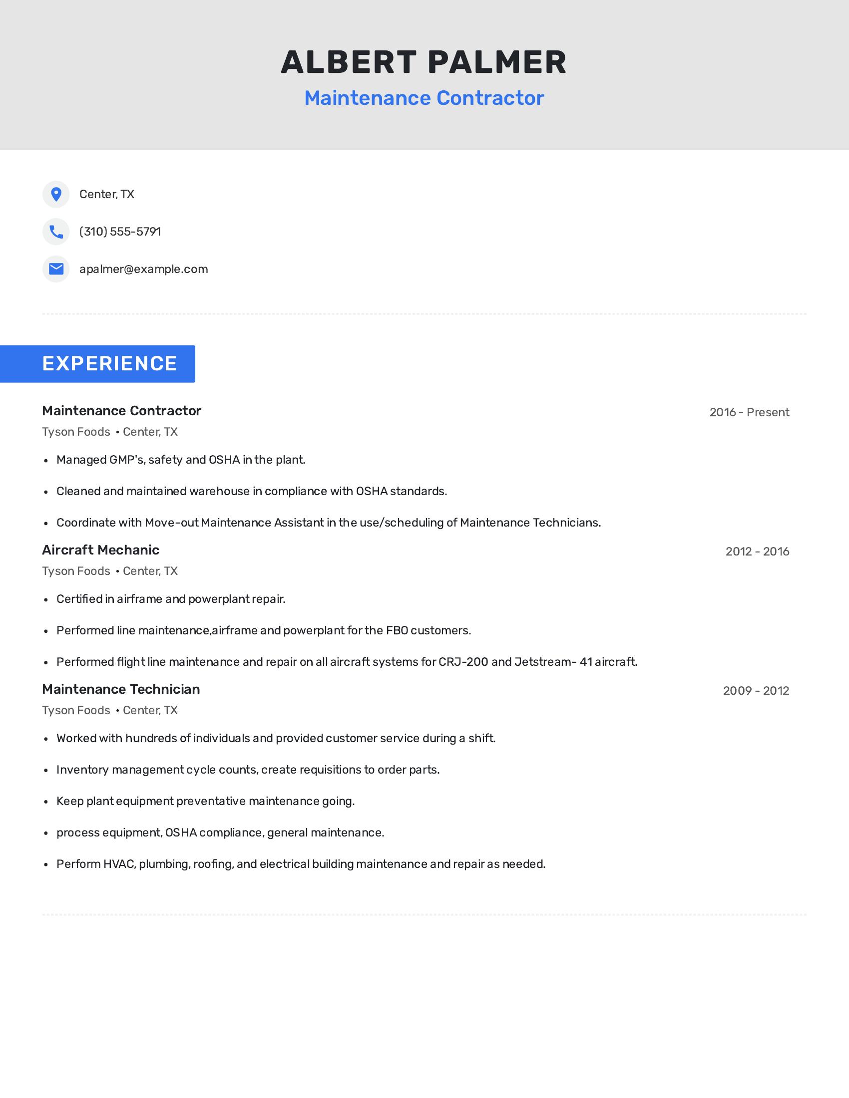Maintenance Contractor resume example