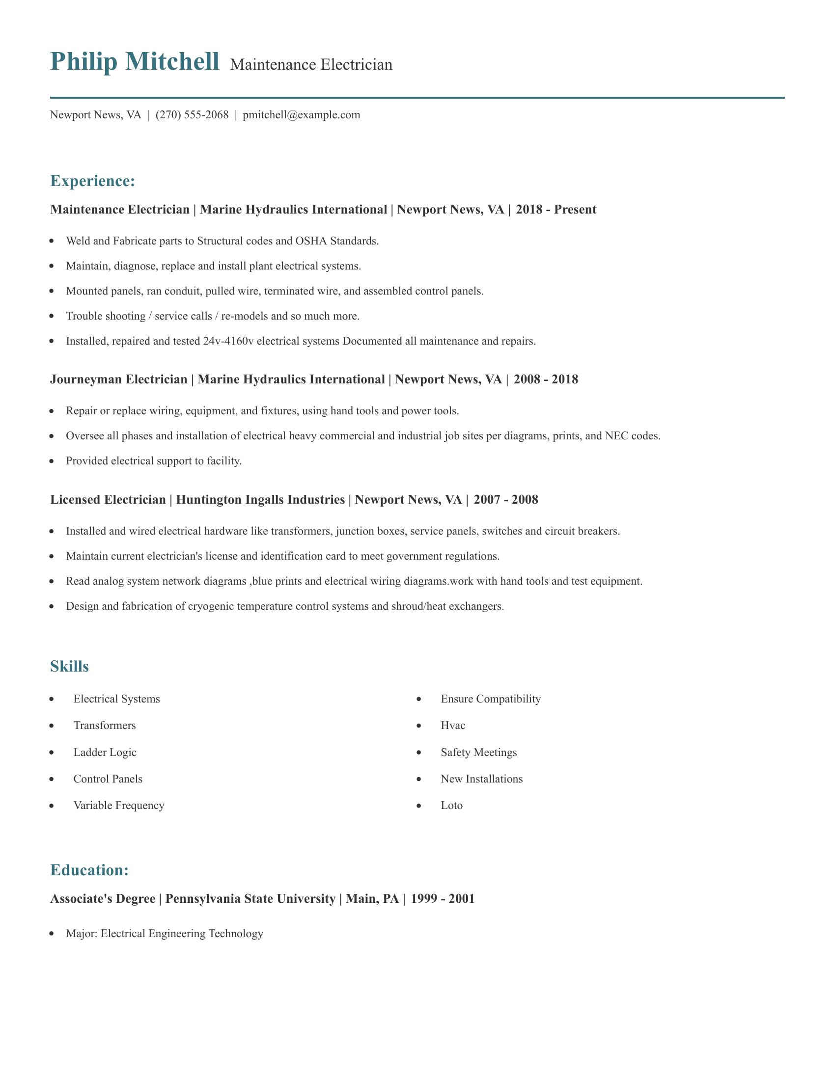 Maintenance Electrician resume example