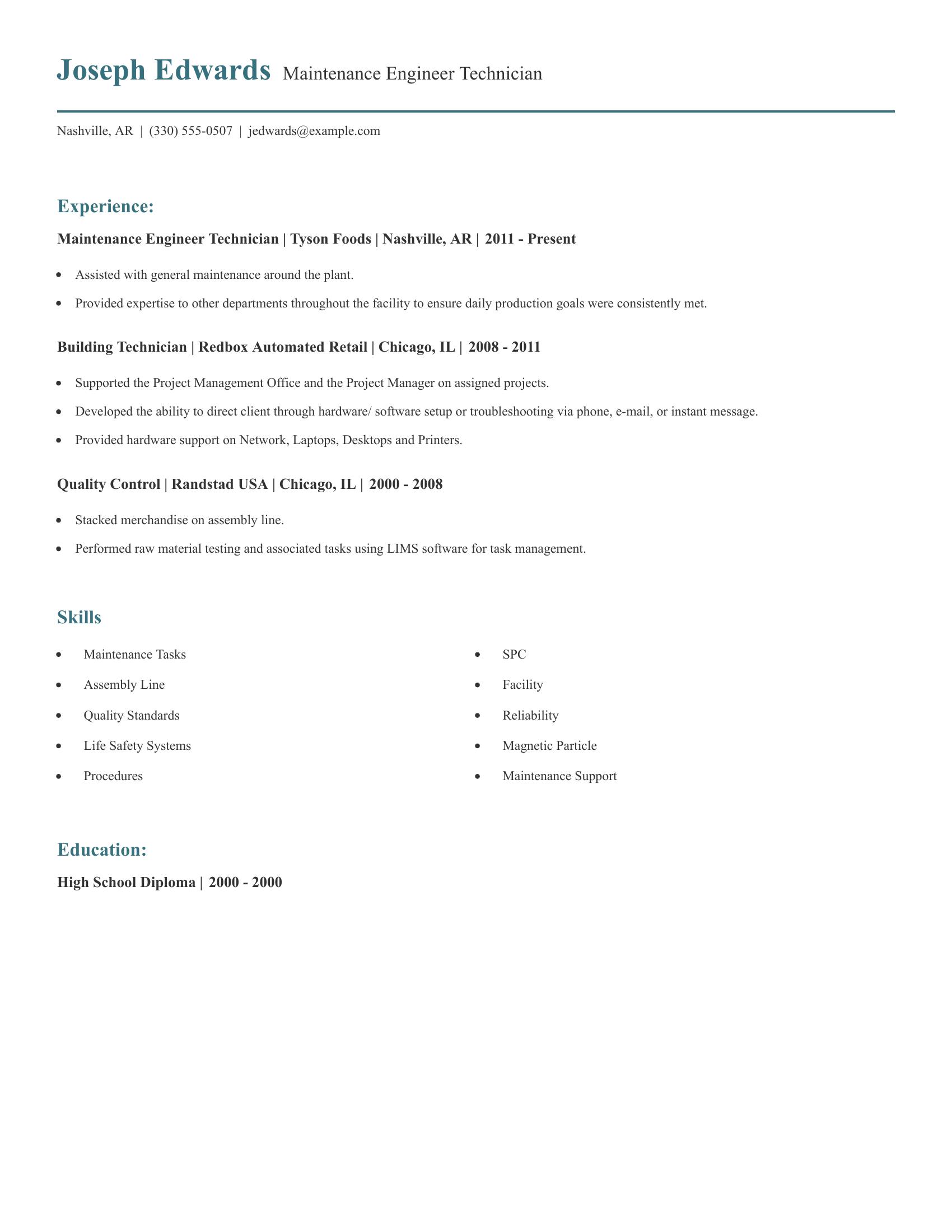 Maintenance Engineer Technician resume example