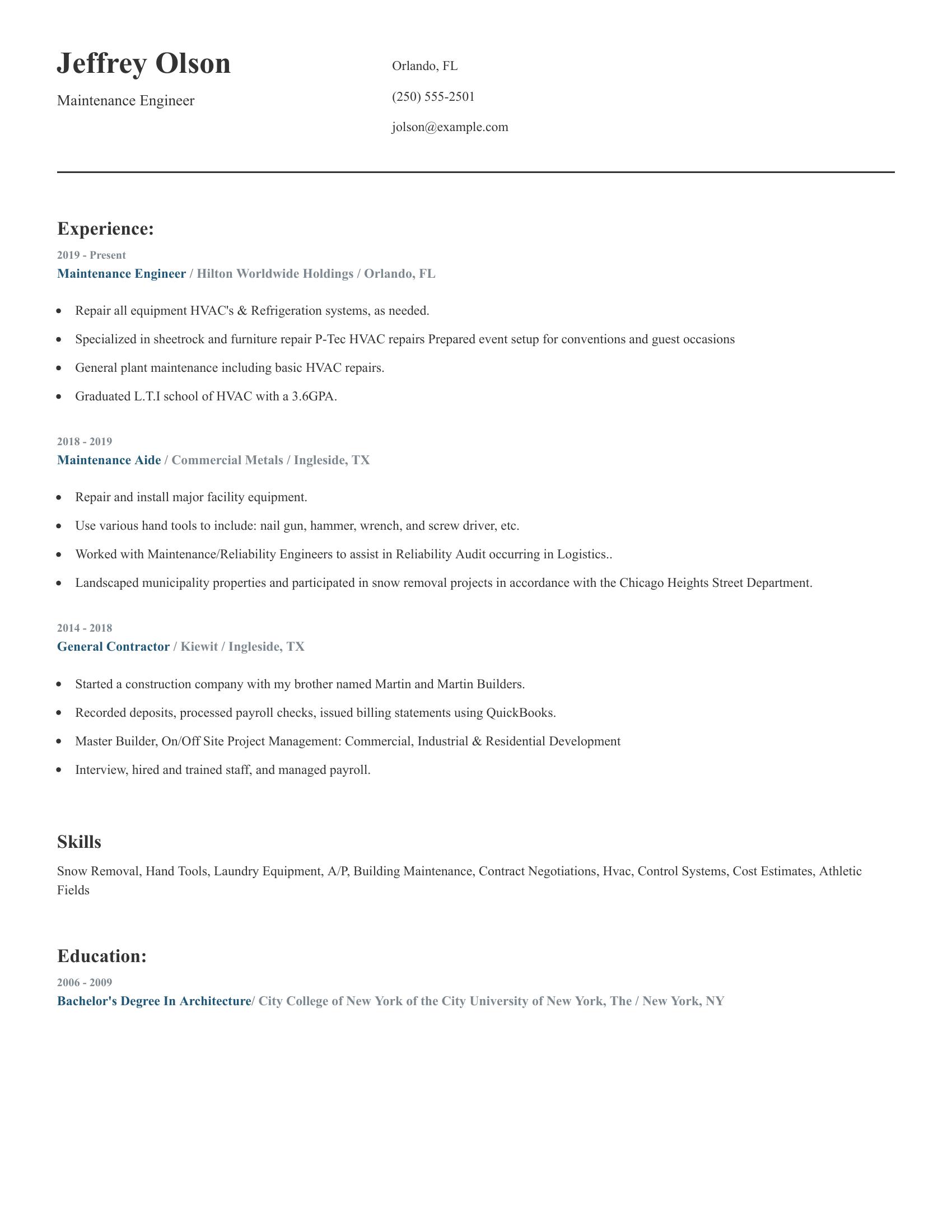 Maintenance Engineer resume example