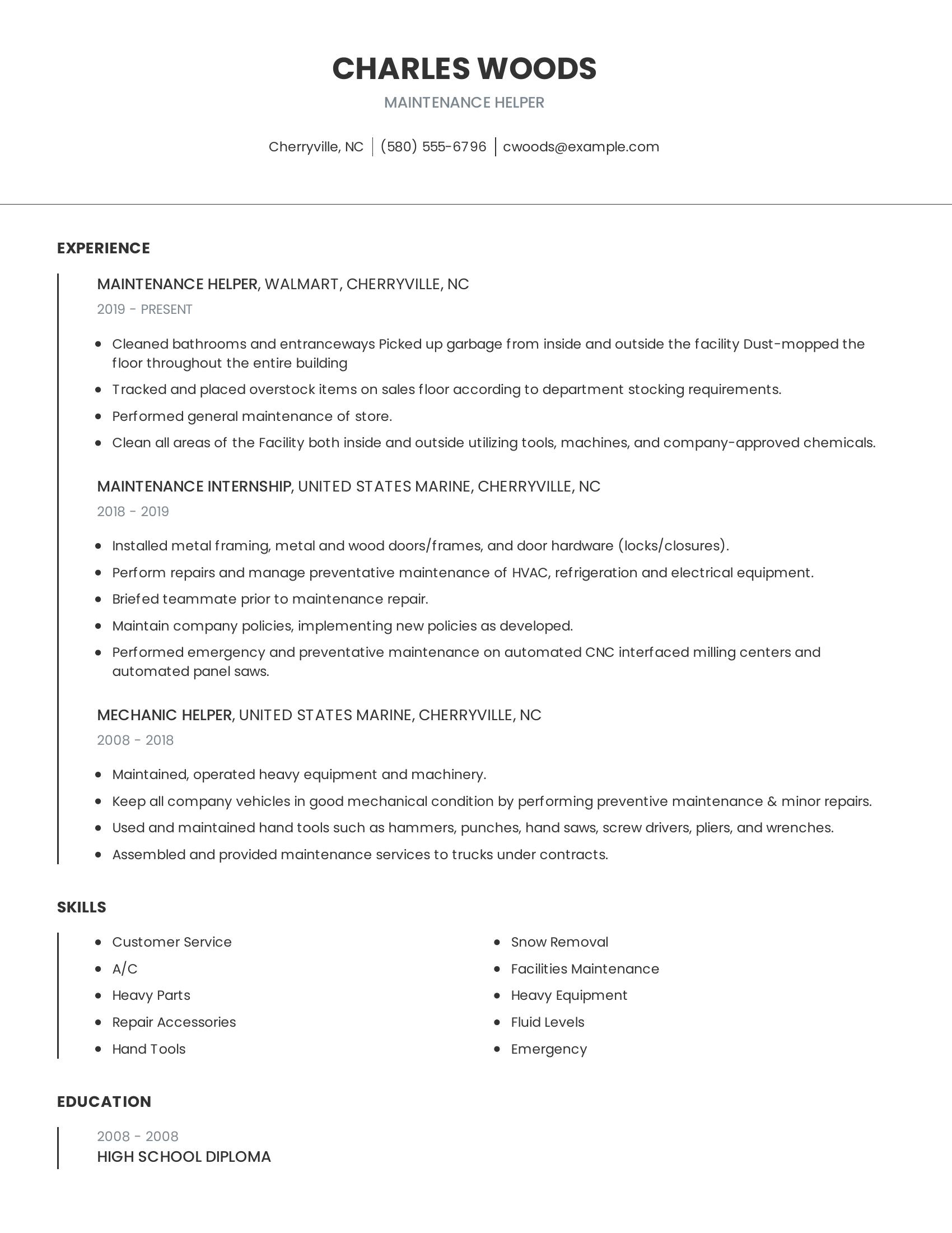 Maintenance Helper resume example