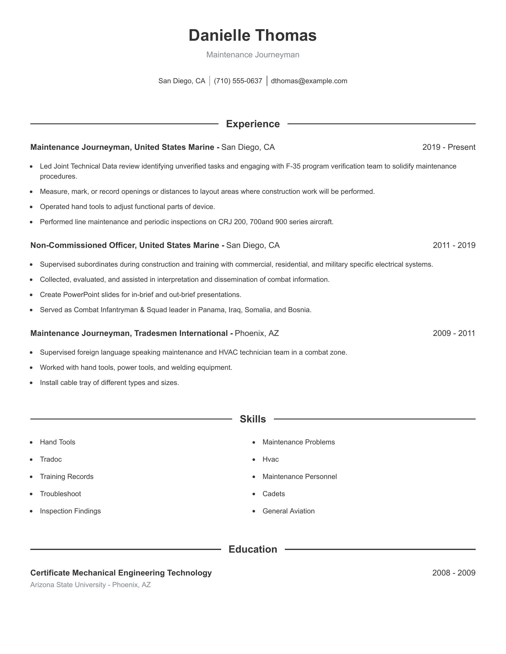 Maintenance Journeyman resume example