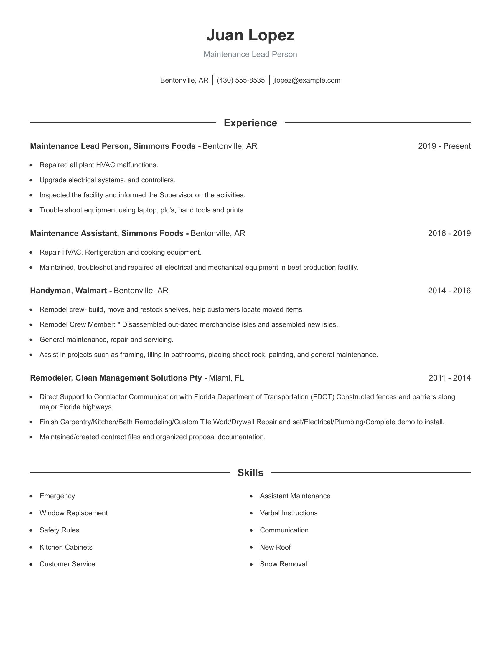 Maintenance Lead Person resume example