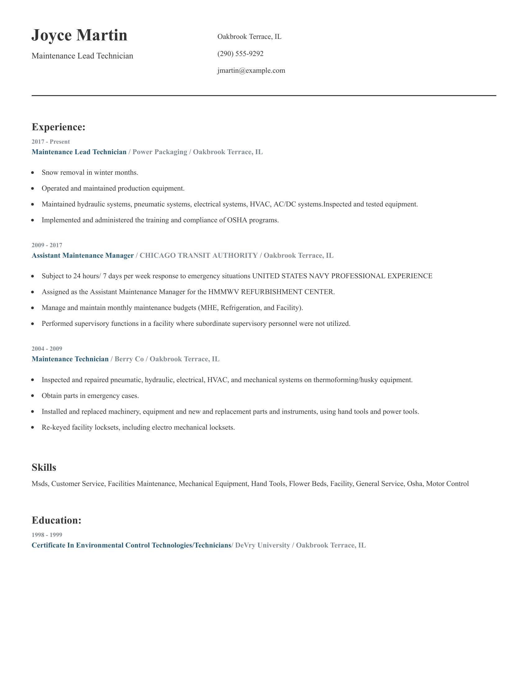 Maintenance Lead Technician resume example