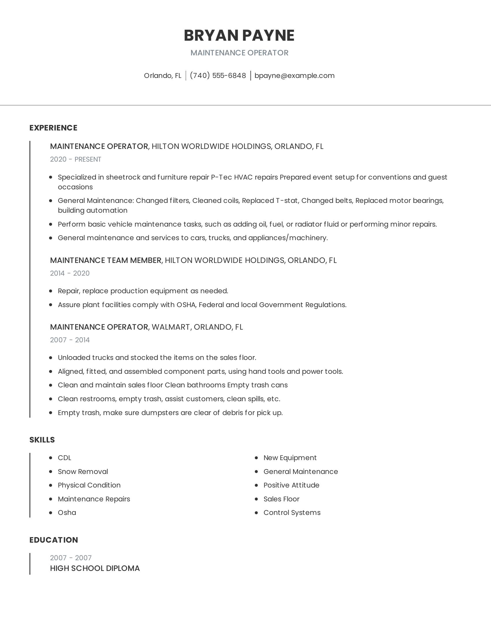 Maintenance Operator resume example