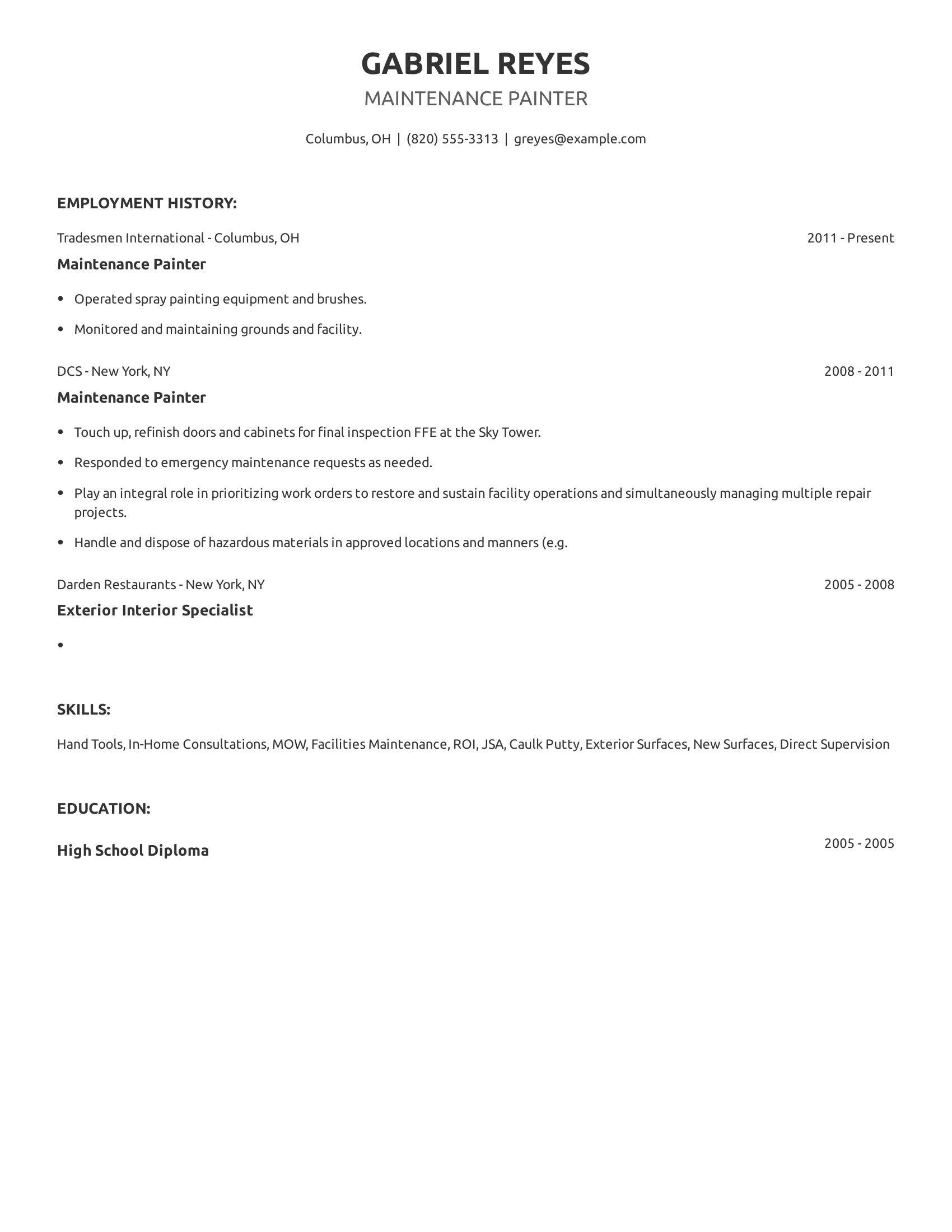 Maintenance Painter resume example