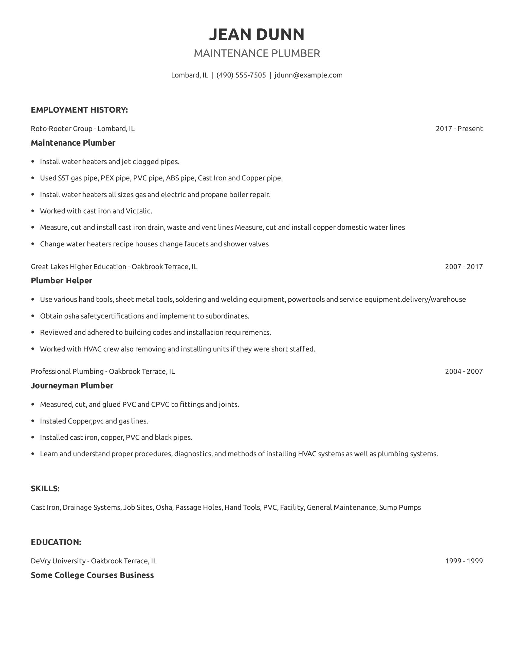 Maintenance Plumber resume example