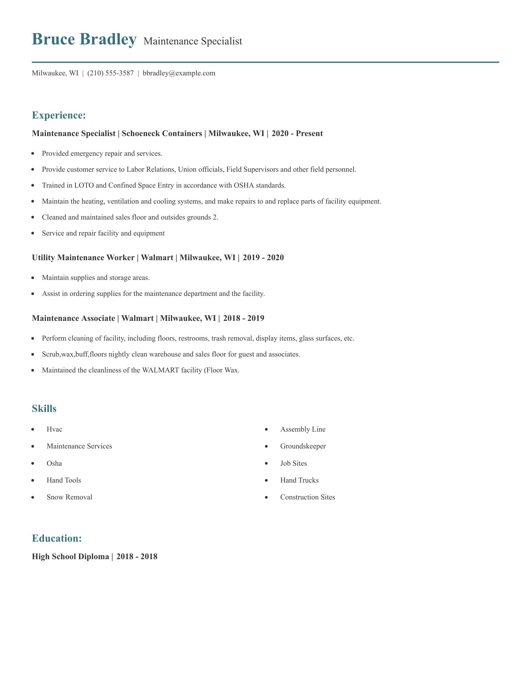 Maintenance Specialist resume example