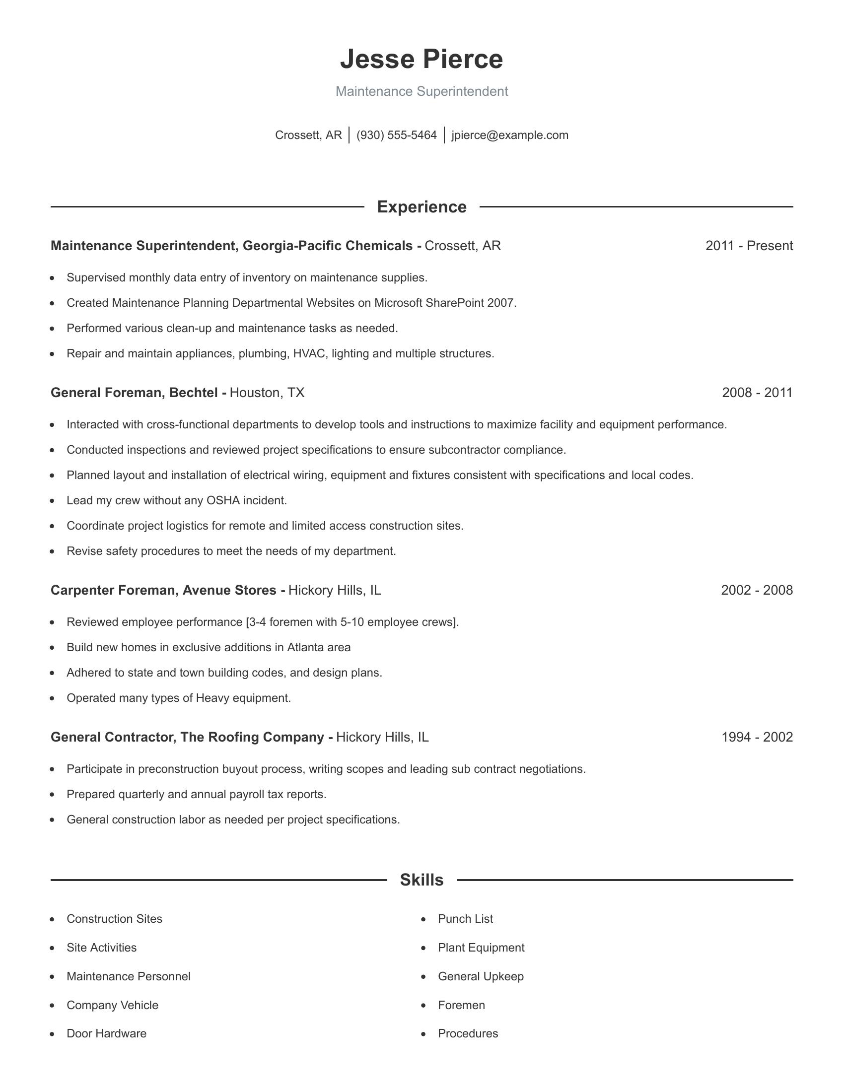 Maintenance Superintendent resume example